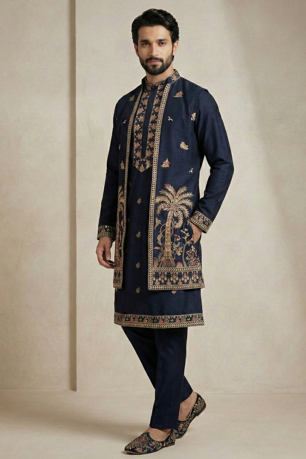 Blue Satin Embroidered Jacket Indo Western Set