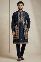 Blue Satin Embroidered Jacket Indo Western Set