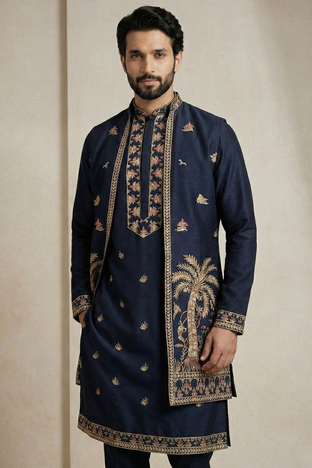 Blue Satin Embroidered Jacket Indo Western Set