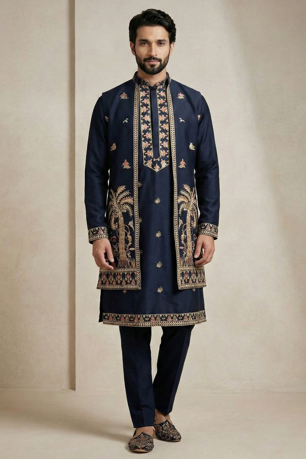 Blue Satin Embroidered Jacket Indo Western Set
