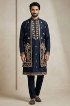 Blue Satin Embroidered Jacket Indo Western Set