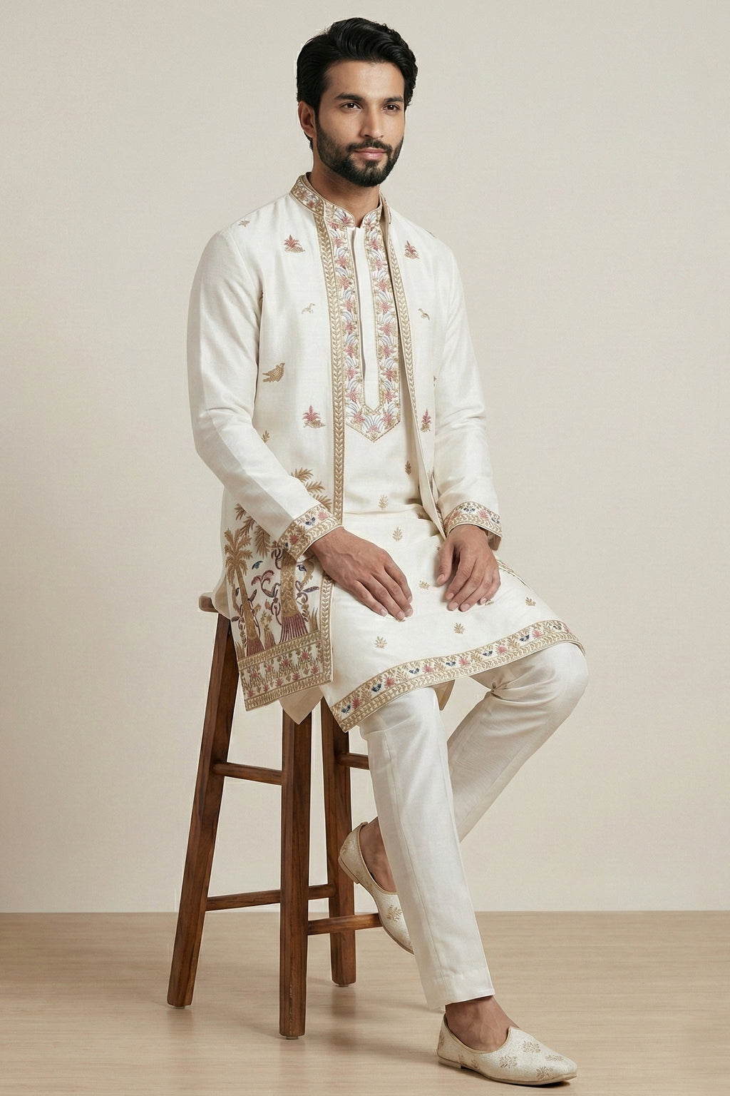 Pearl White Satin Embroidered Jacket Indo Western Set