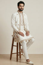 Pearl White Satin Embroidered Jacket Indo Western Set