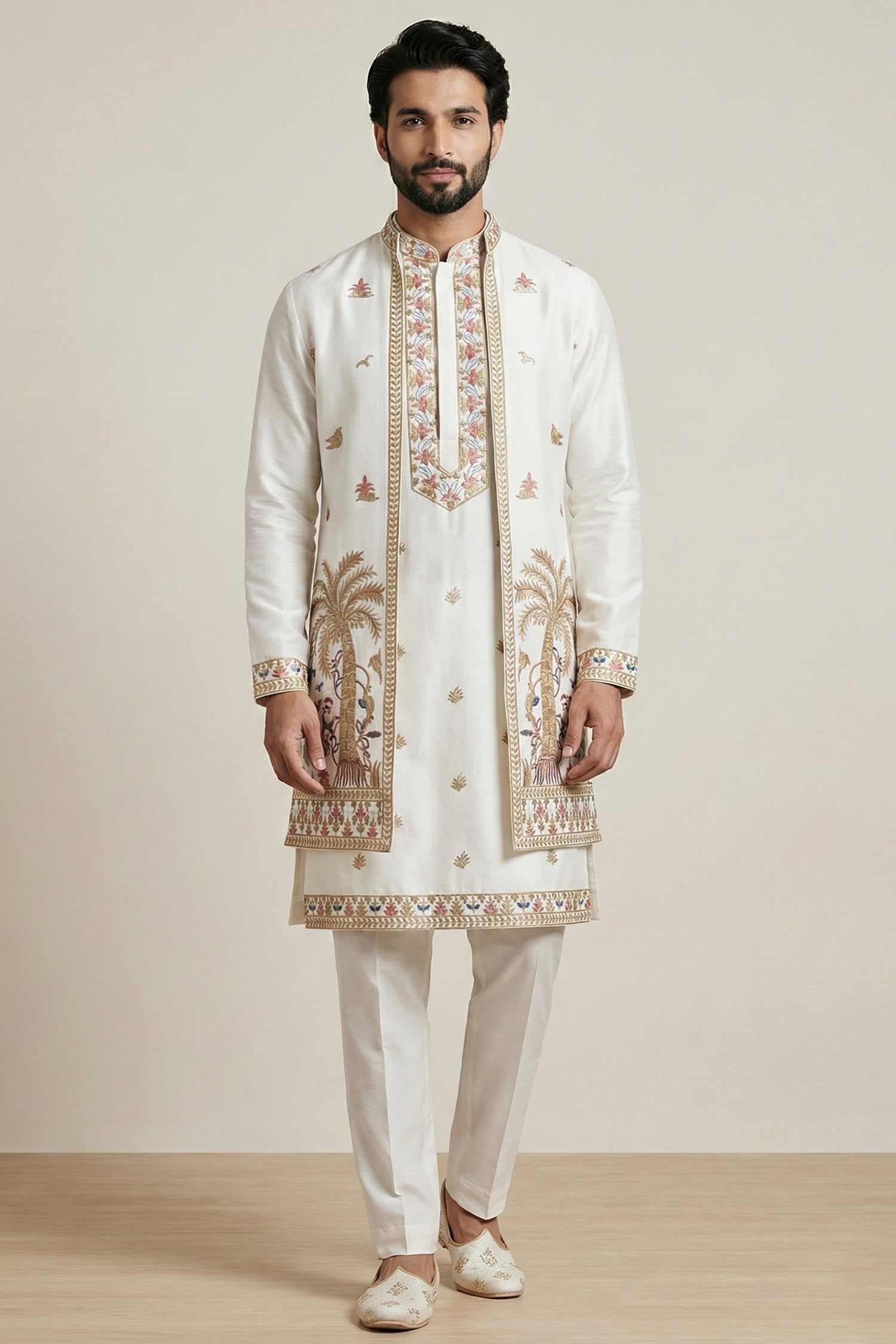 Pearl White Satin Embroidered Jacket Indo Western Set