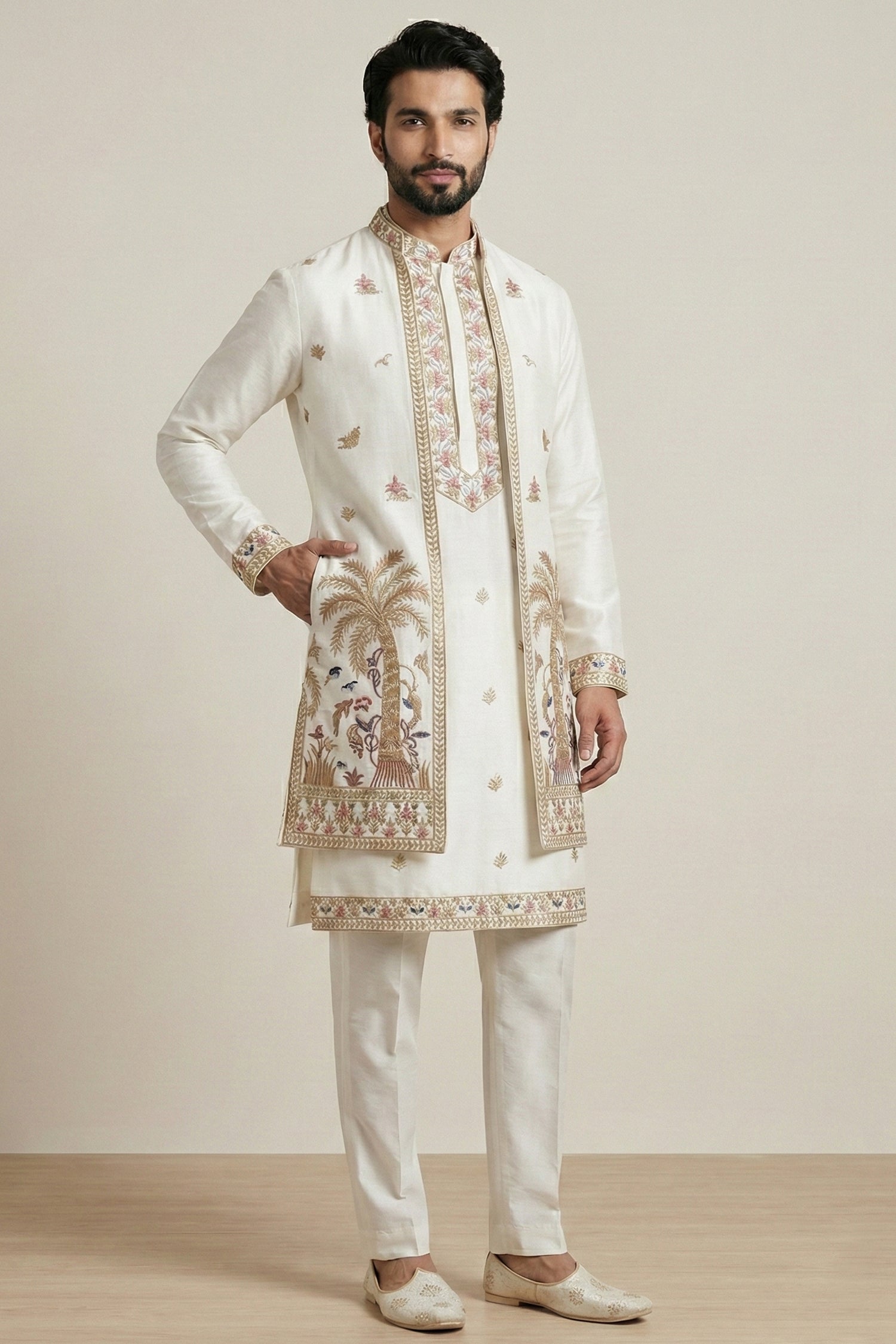 Pearl White Satin Embroidered Jacket Indo Western Set Secondary image