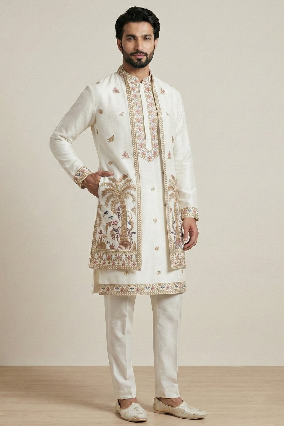 Pearl White Satin Embroidered Jacket Indo Western Set