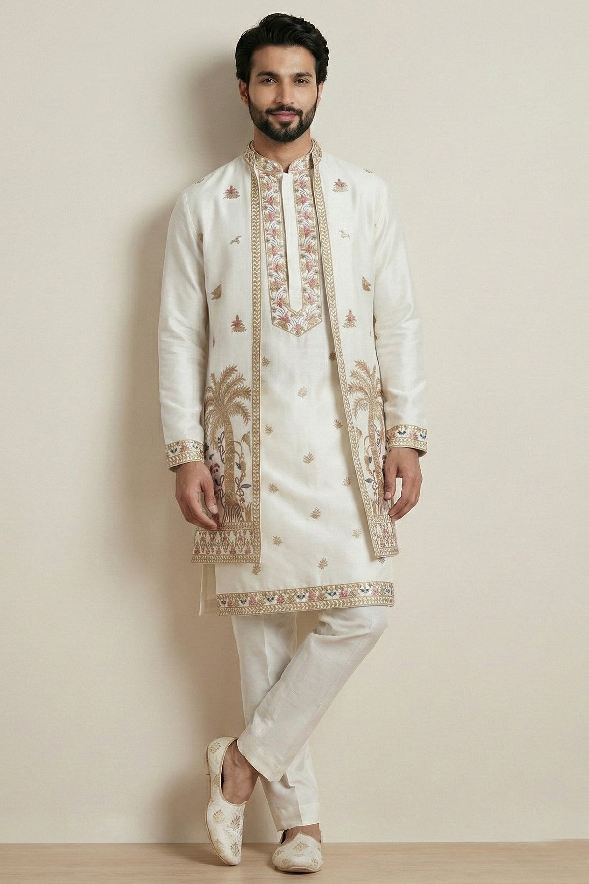 Pearl White Satin Embroidered Jacket Indo Western Set Main image