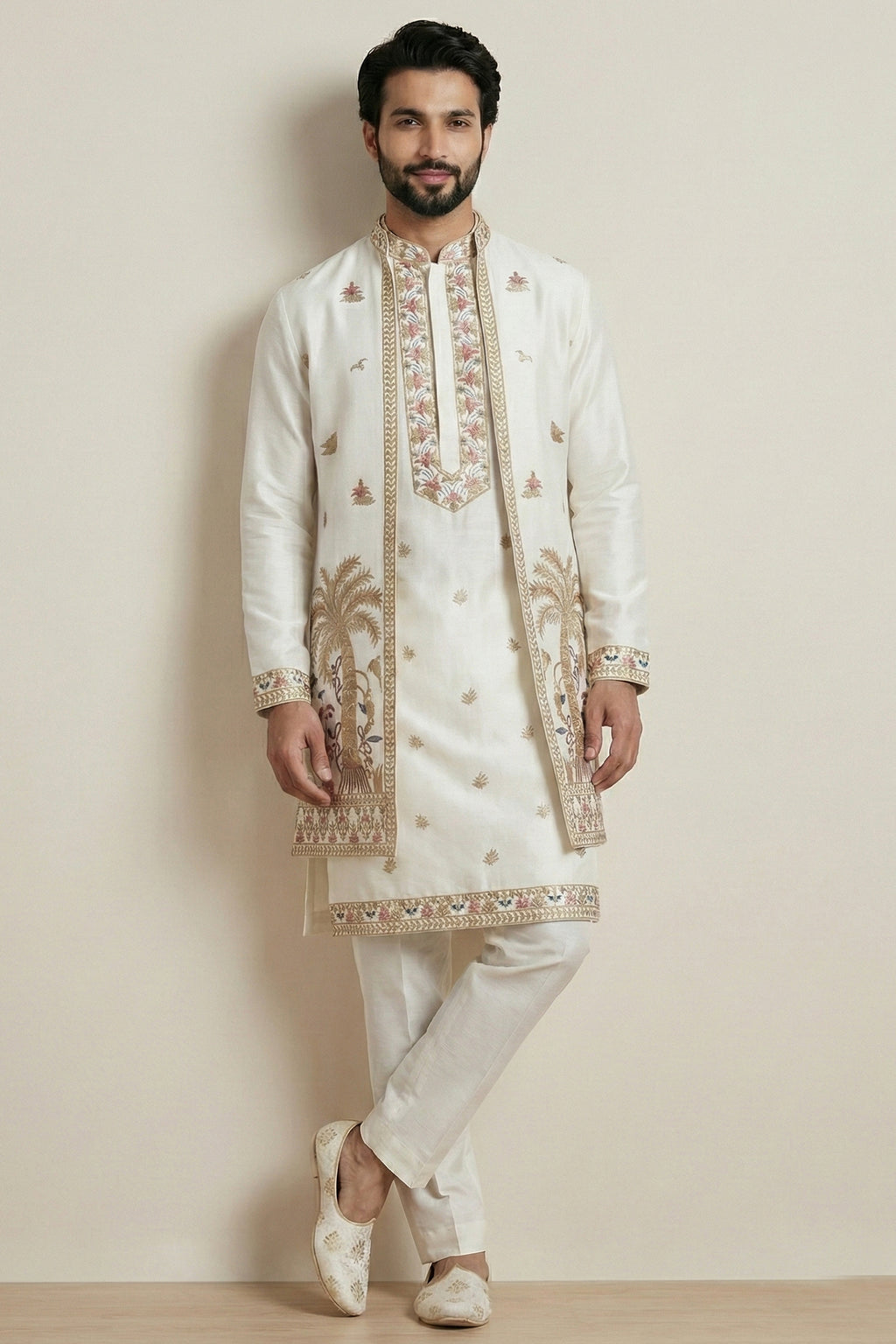 Pearl White Satin Embroidered Jacket Indo Western Set