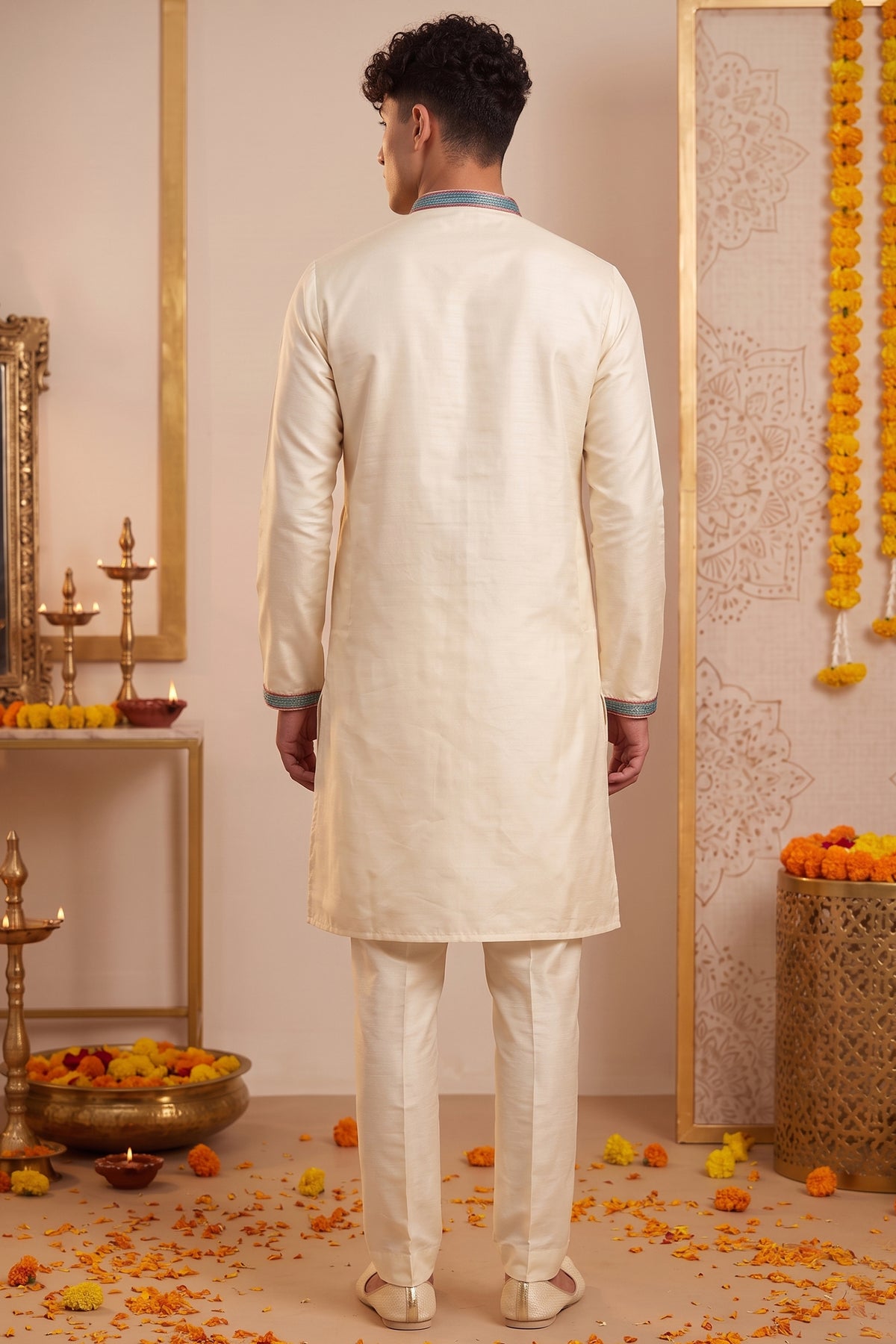 Cream Art-Silk Embroidered Kurta Pajama