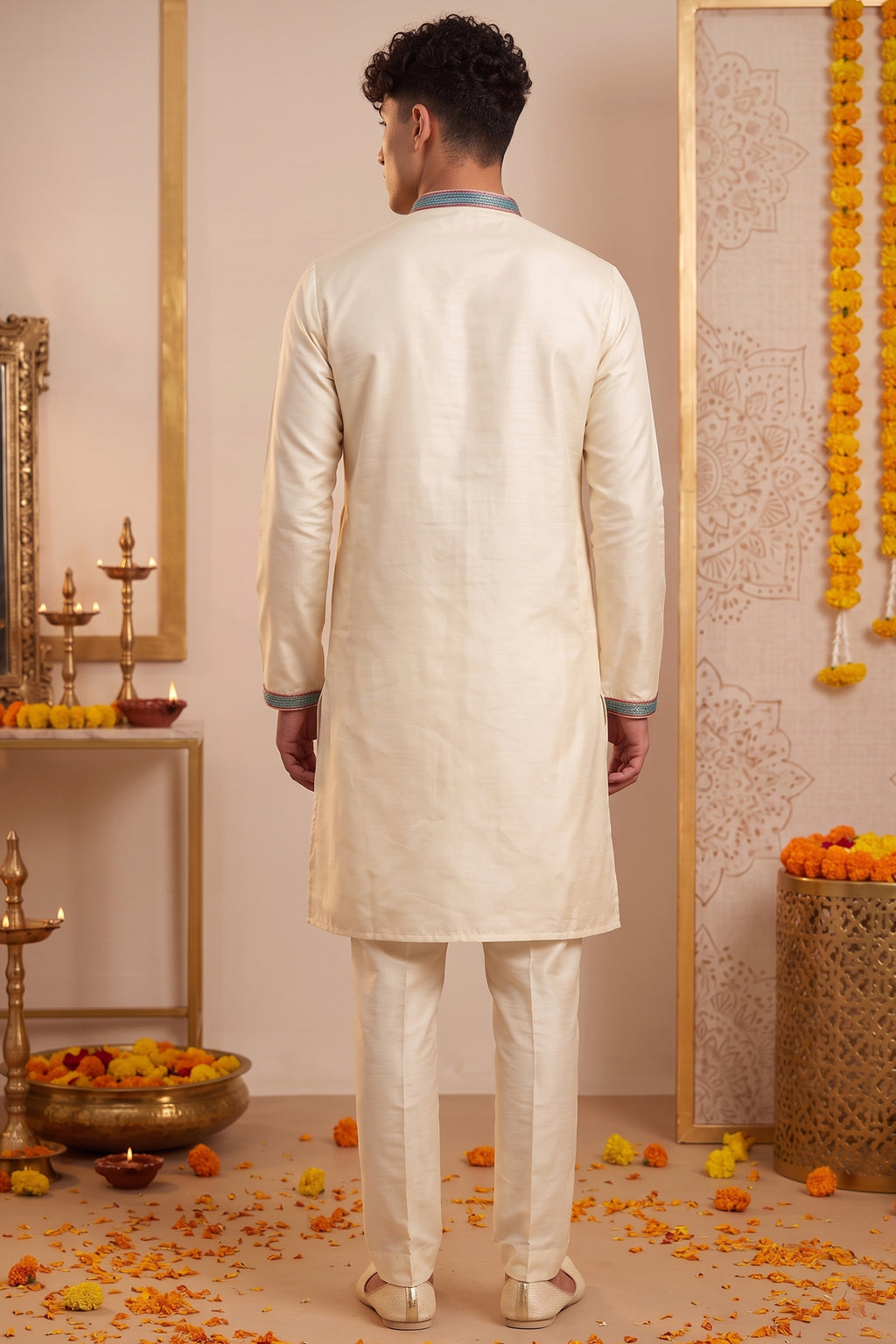 Cream Art-Silk Embroidered Kurta Pajama