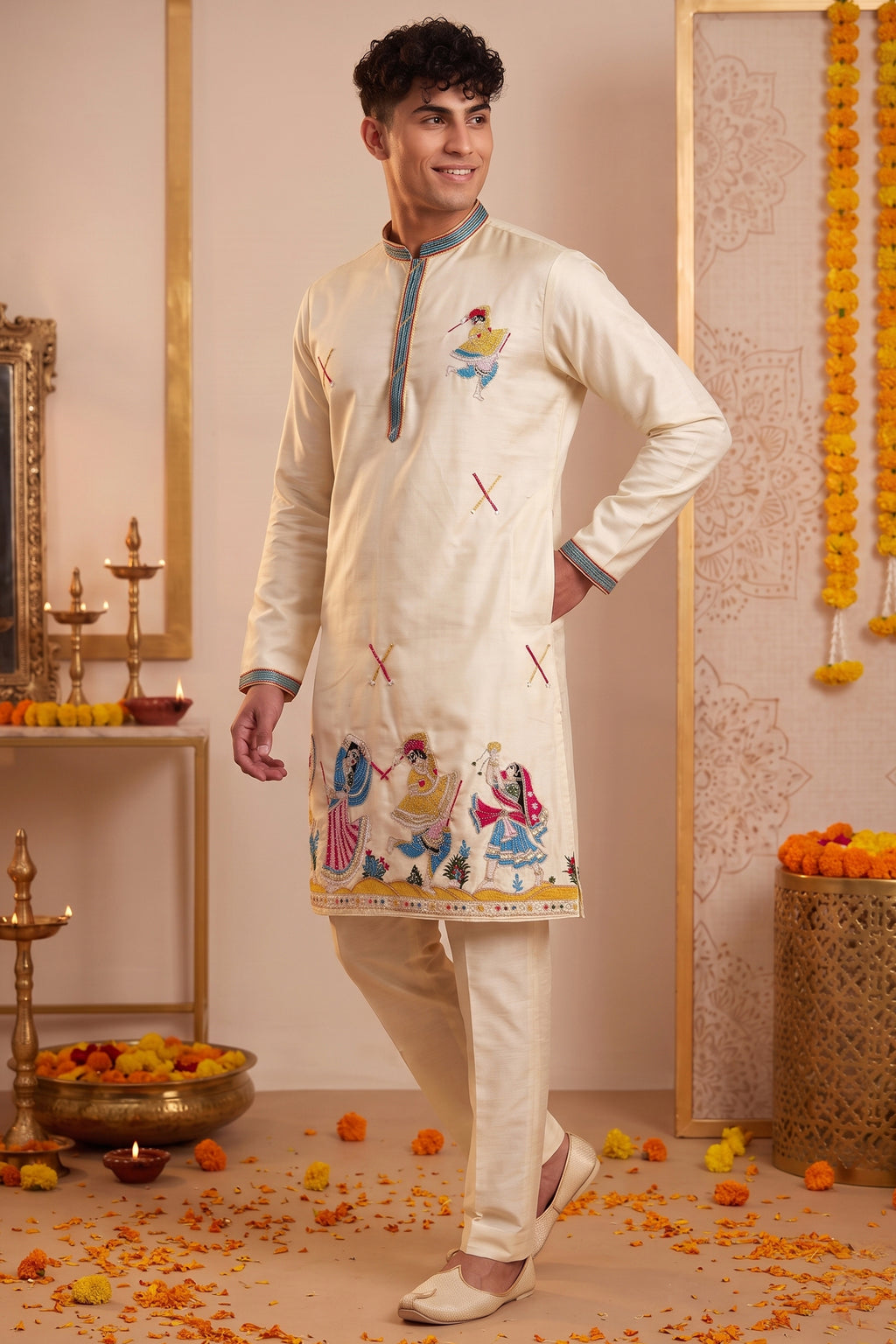 Cream Art-Silk Embroidered Kurta Pajama