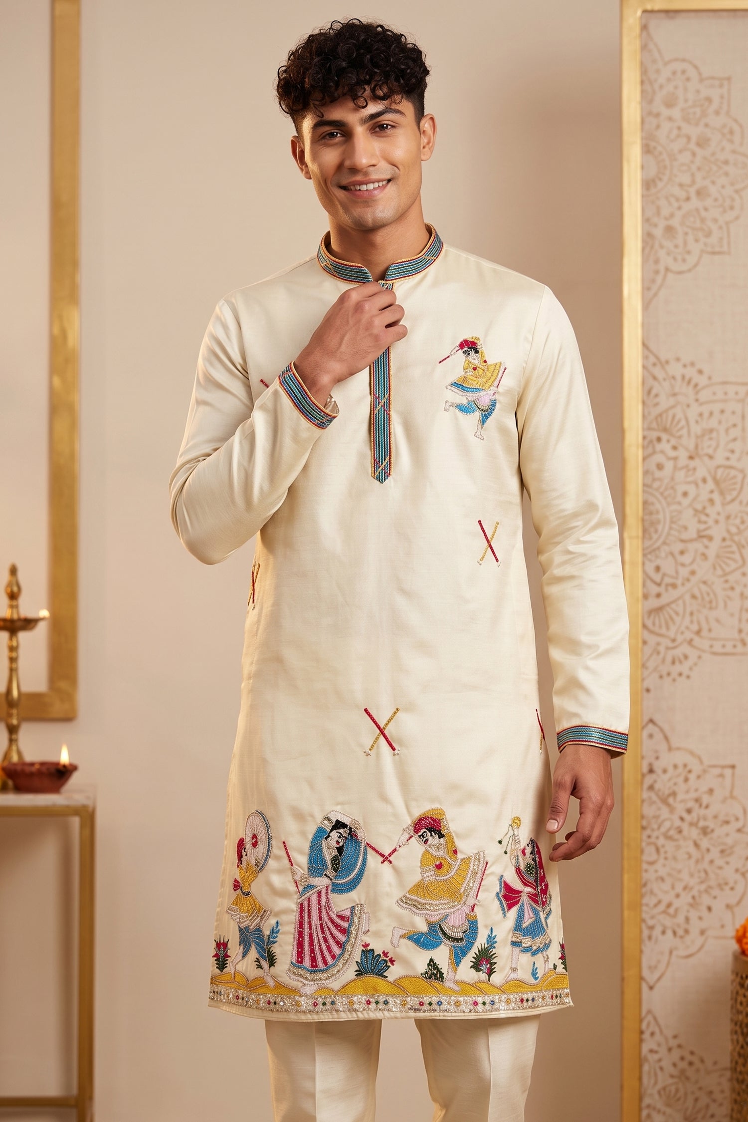 Cream Art-Silk Embroidered Kurta Pajama Secondary image