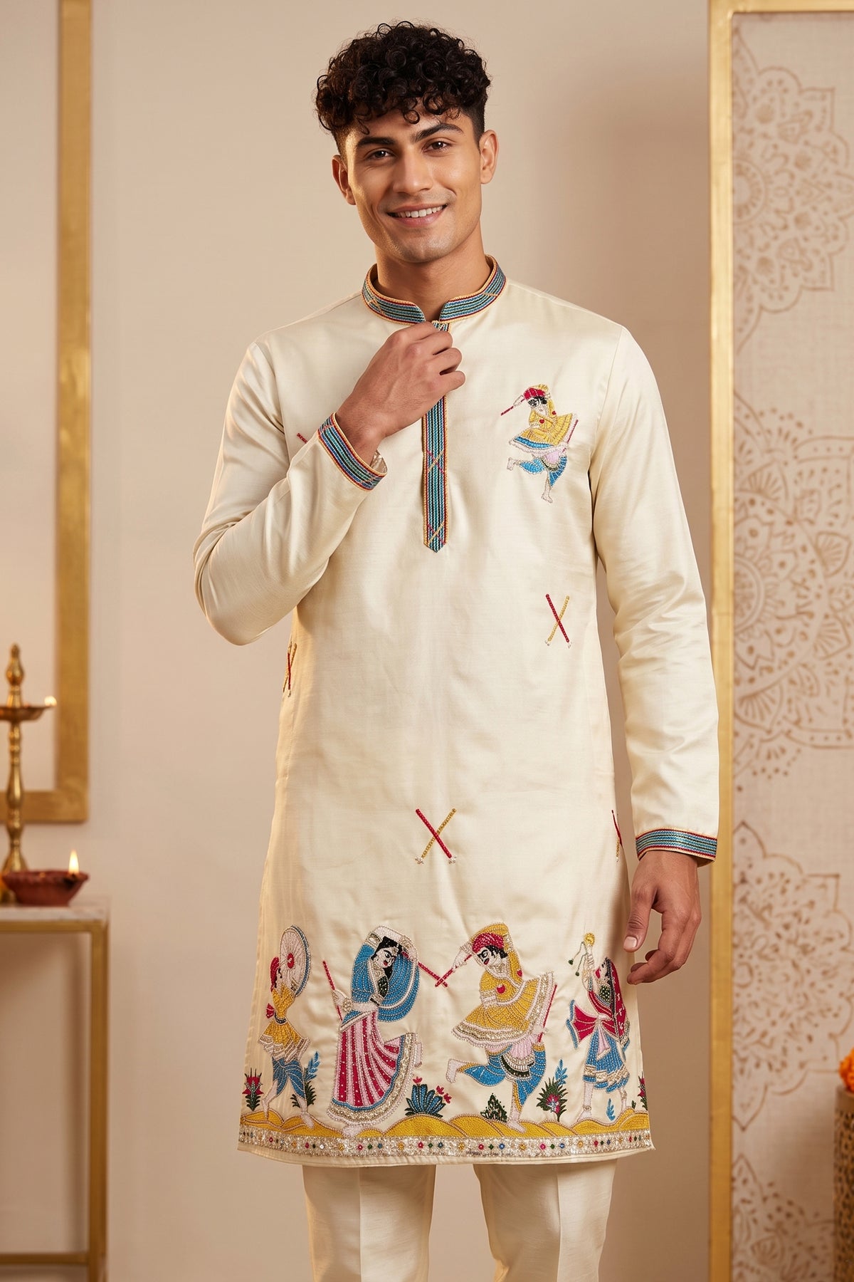 Cream Art-Silk Embroidered Kurta Pajama