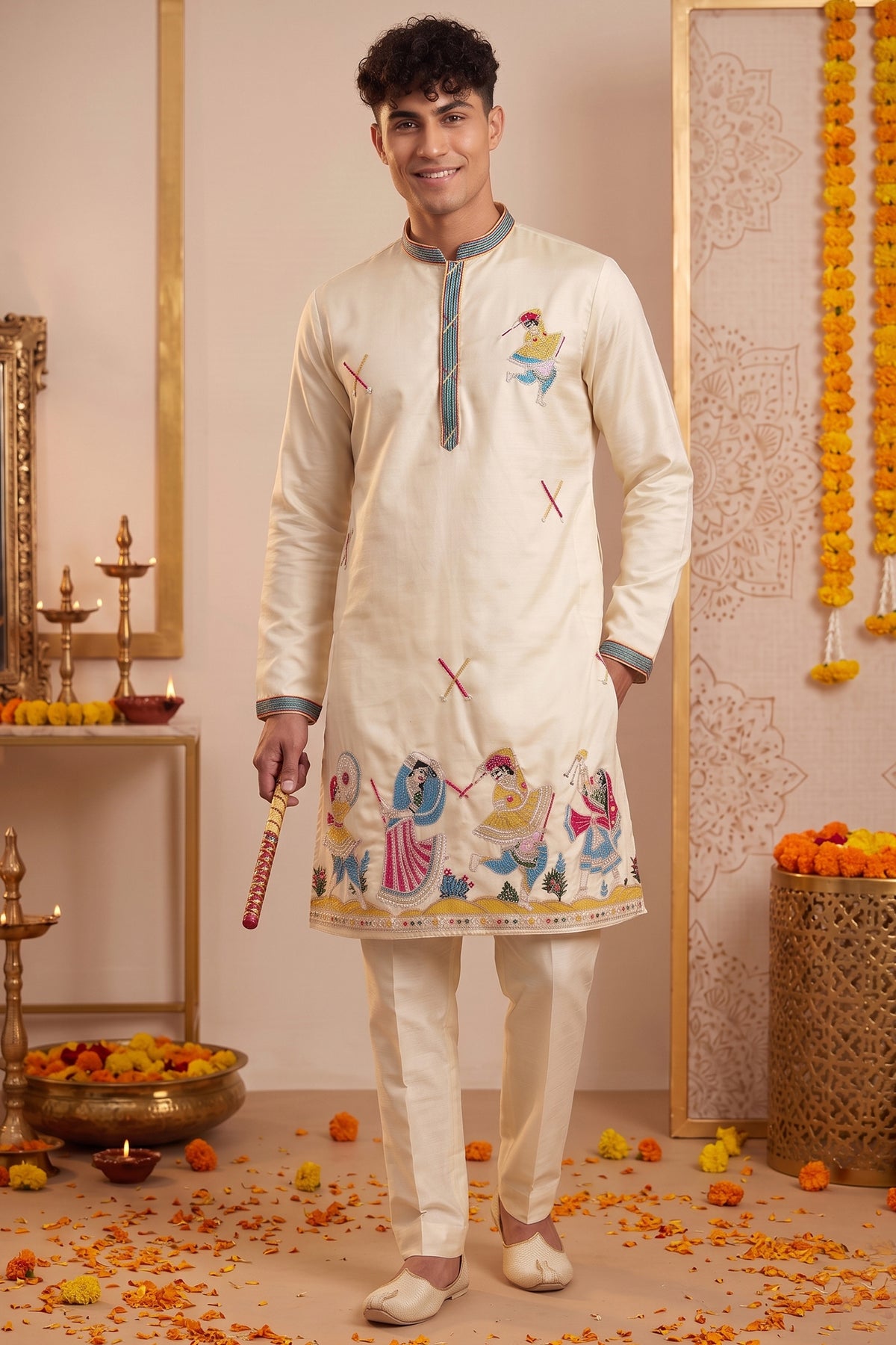 Cream Art-Silk Embroidered Kurta Pajama Main image