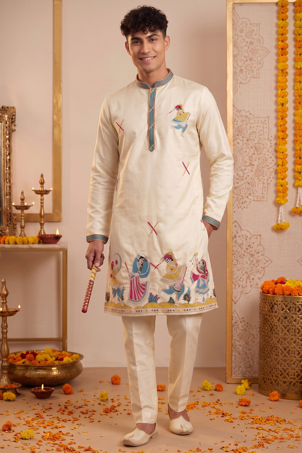 Cream Art-Silk Embroidered Kurta Pajama