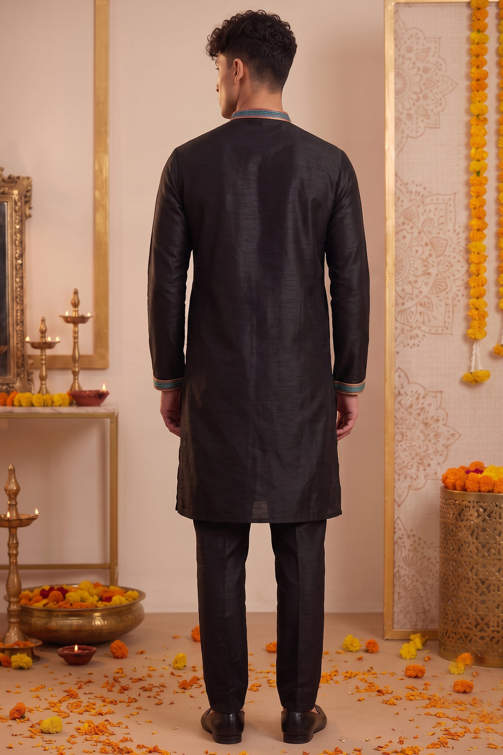 Black Art-Silk Embroidered Kurta Pajama