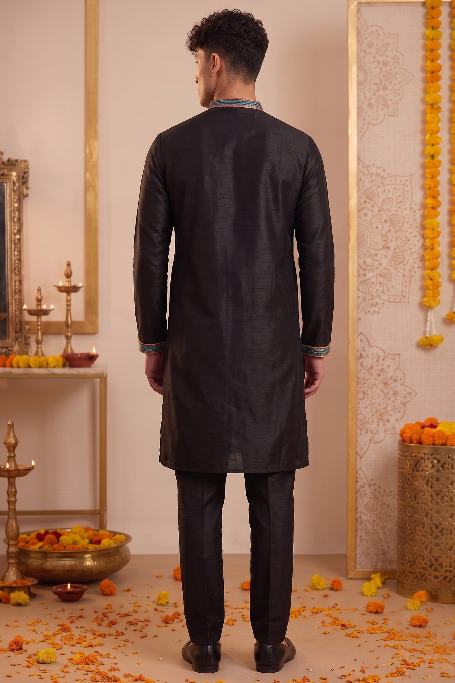 Black Art-Silk Embroidered Kurta Pajama