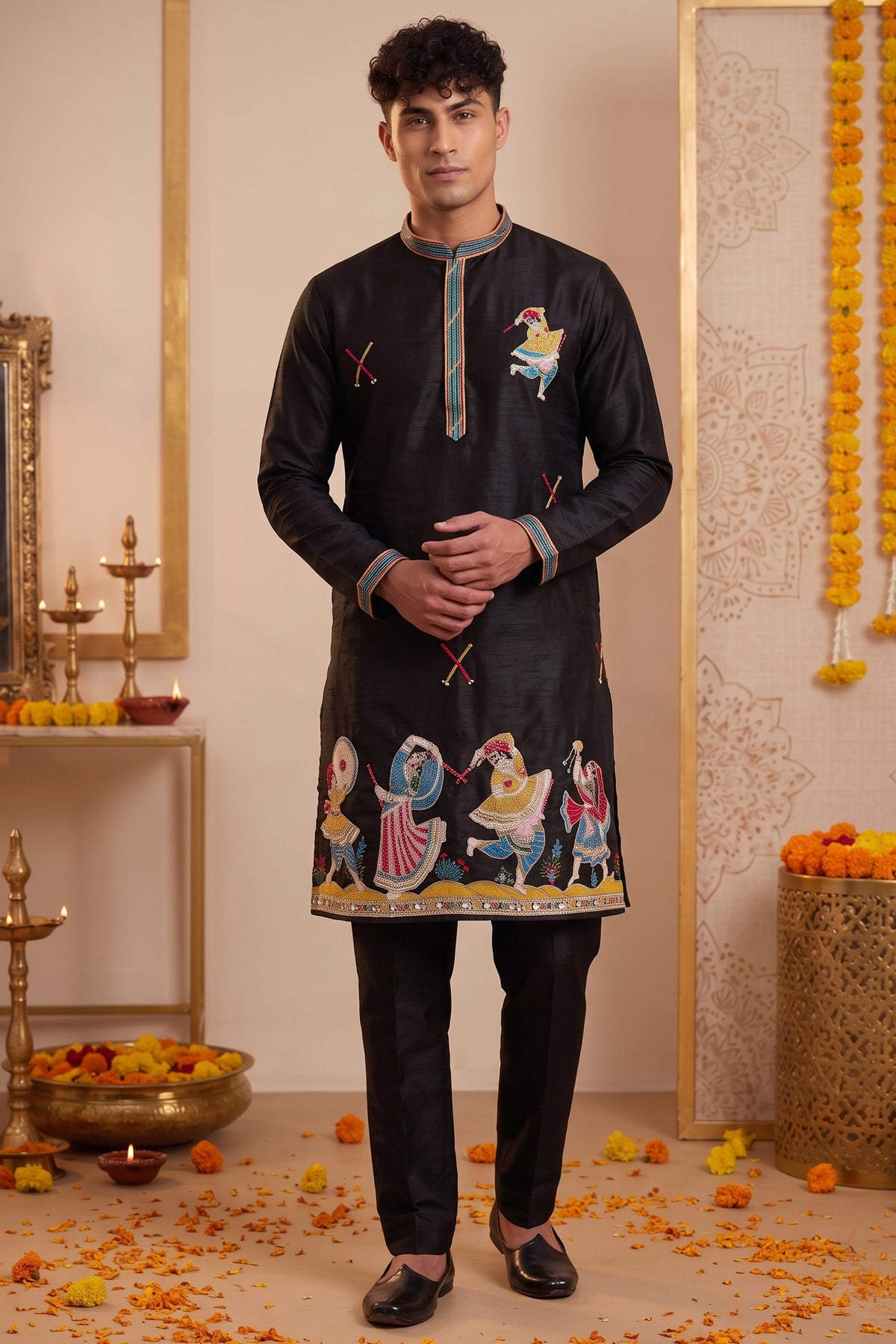 Black Art-Silk Embroidered Kurta Pajama
