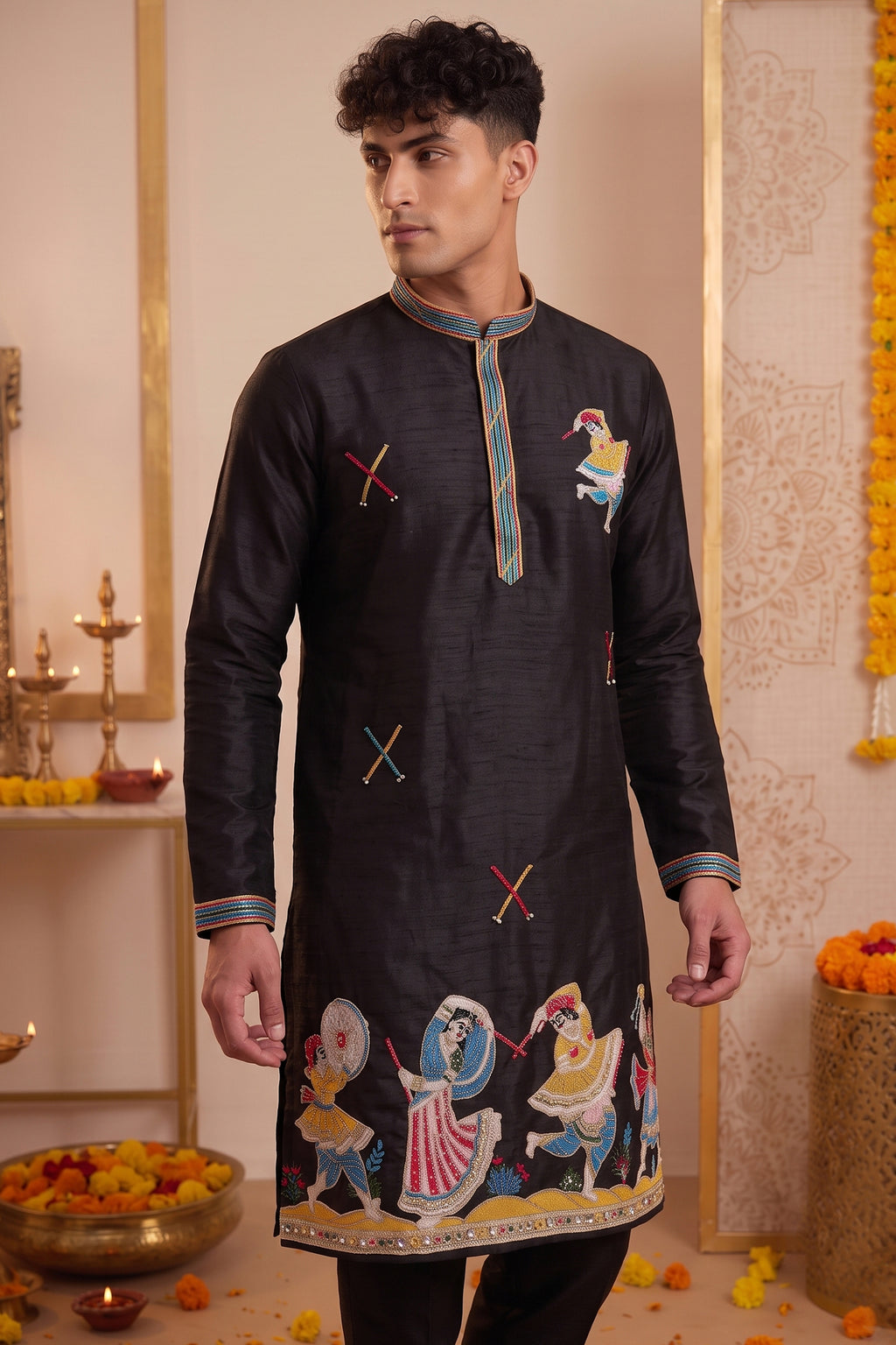 Black Art-Silk Embroidered Kurta Pajama