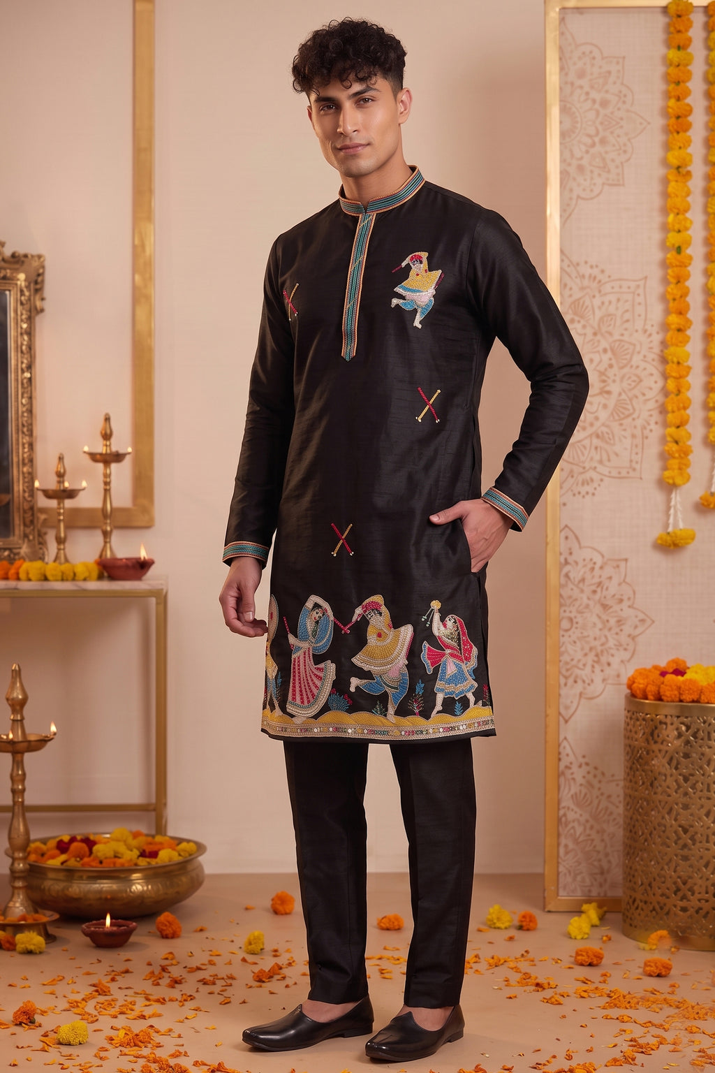 Black Art-Silk Embroidered Kurta Pajama