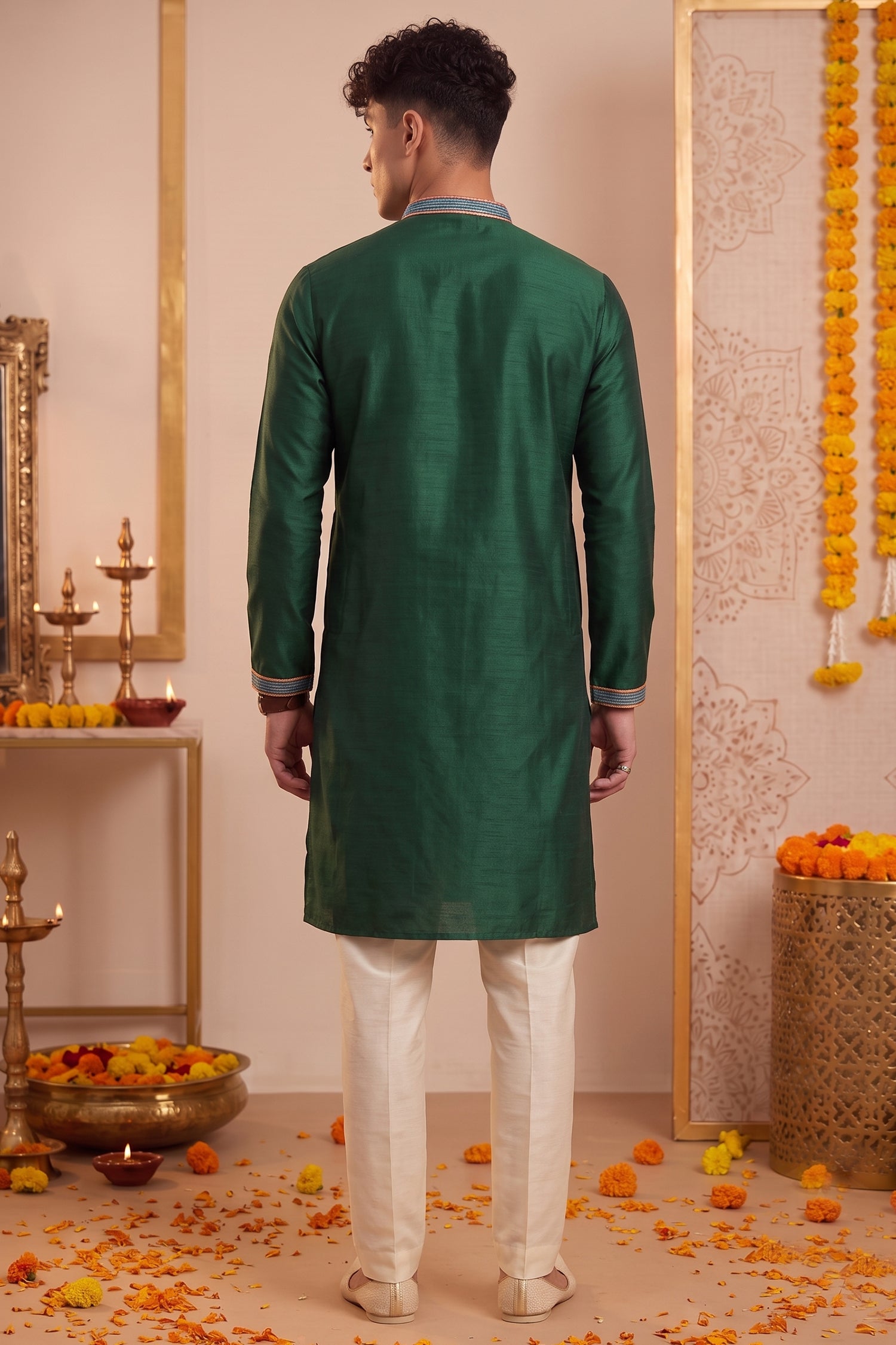 Dark Green Art-Silk Embroidered Kurta Pajama