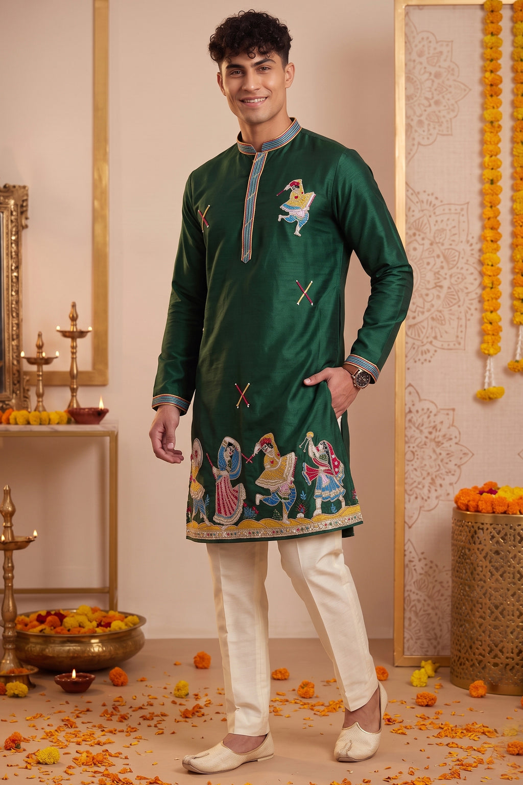 Dark Green Art-Silk Embroidered Kurta Pajama
