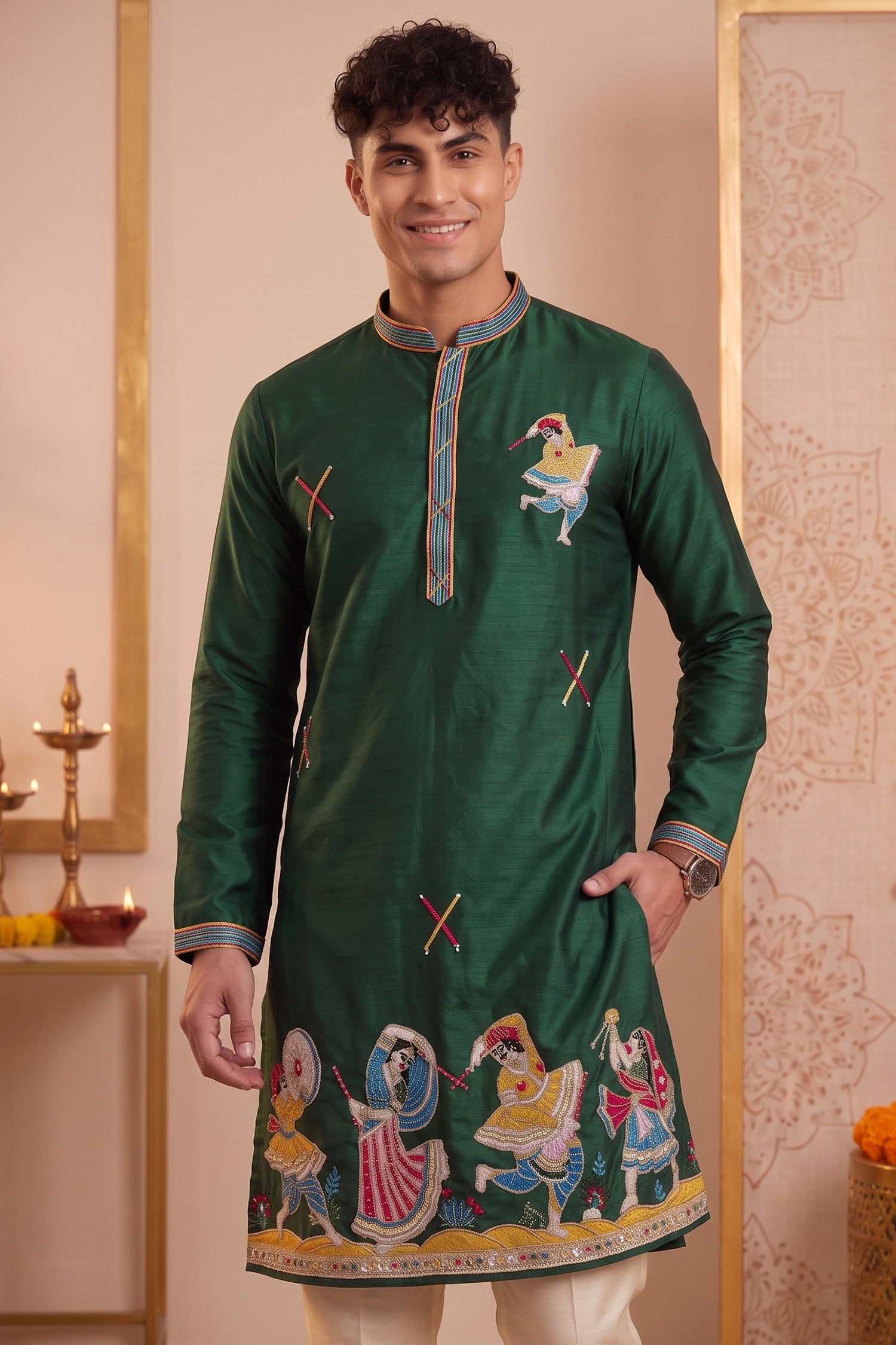 Dark Green Art-Silk Embroidered Kurta Pajama Secondary image