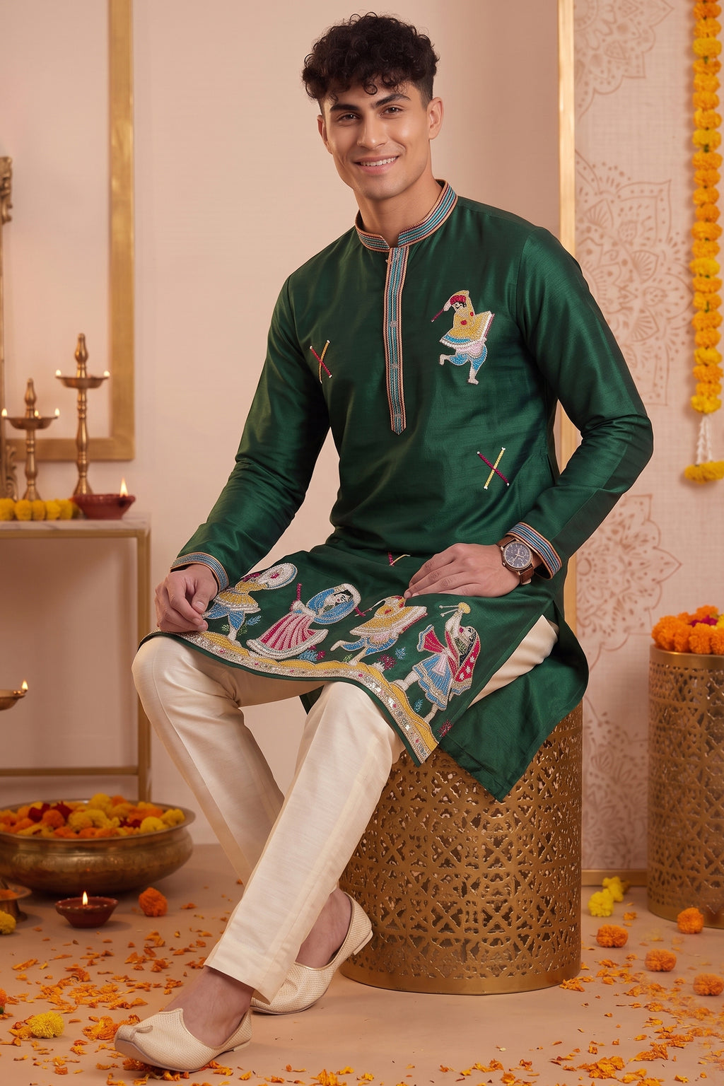 Dark Green Art-Silk Embroidered Kurta Pajama