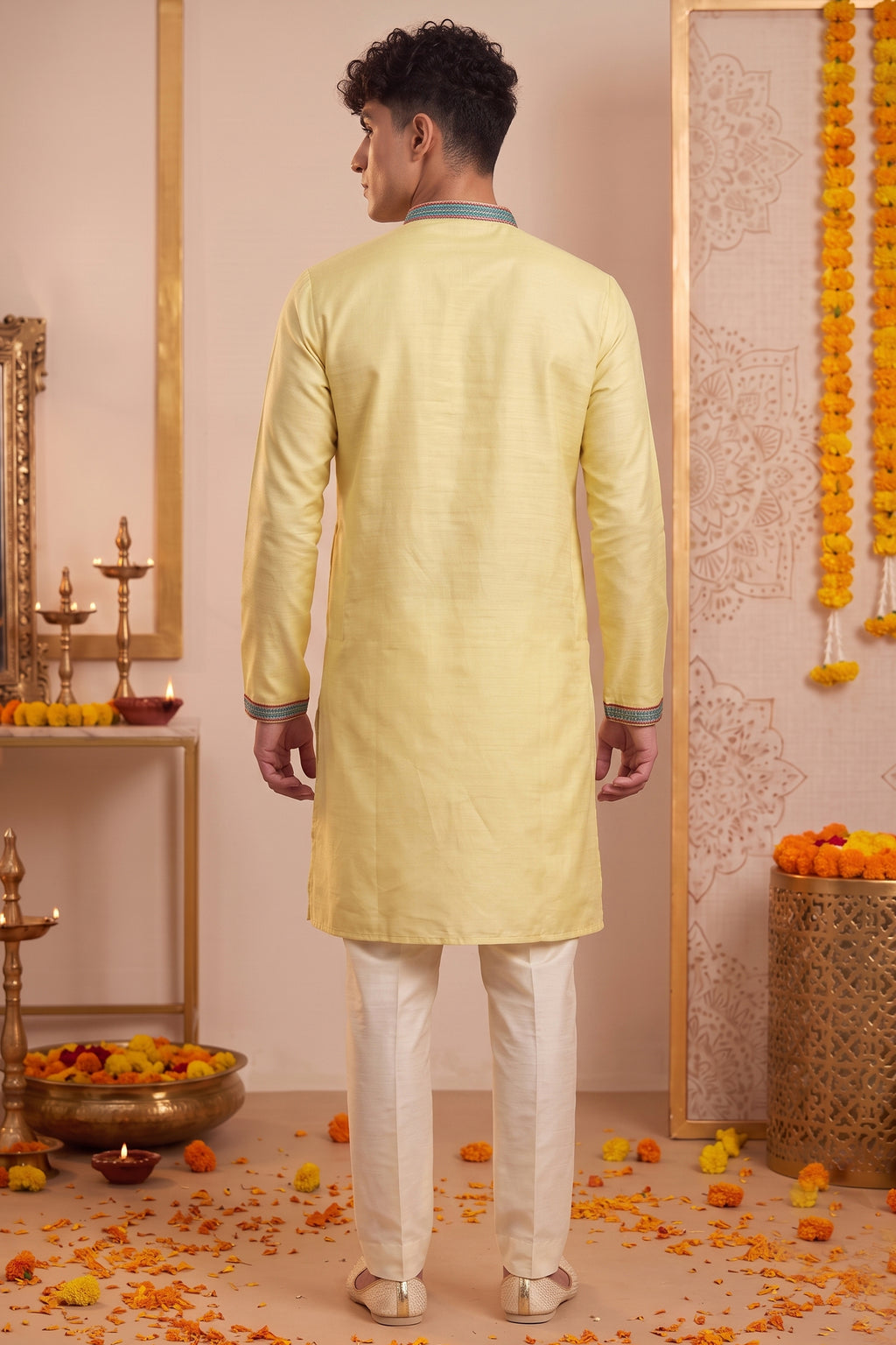 Yellow Art-Silk Embroidered Kurta Pajama