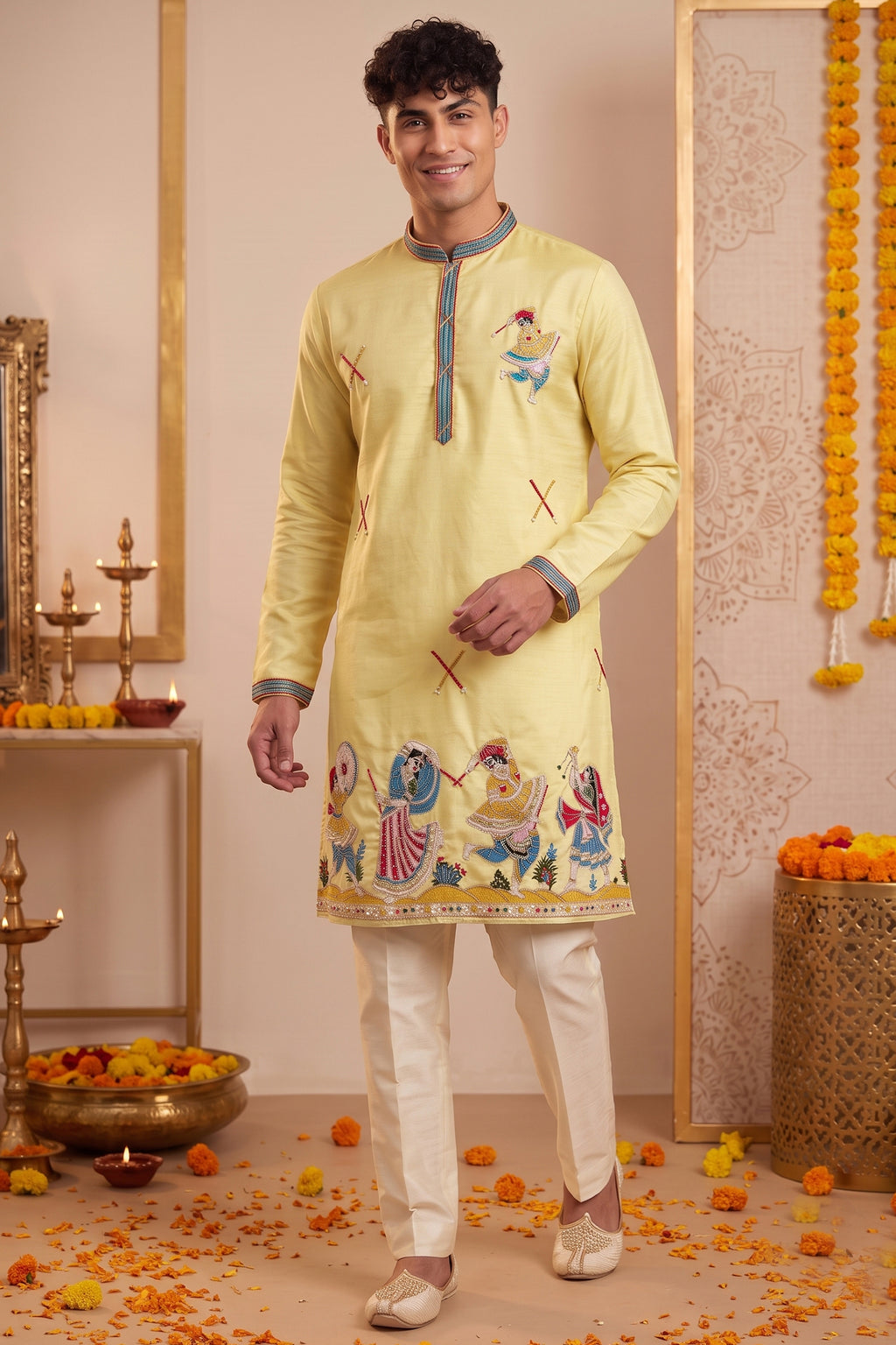 Yellow Art-Silk Embroidered Kurta Pajama