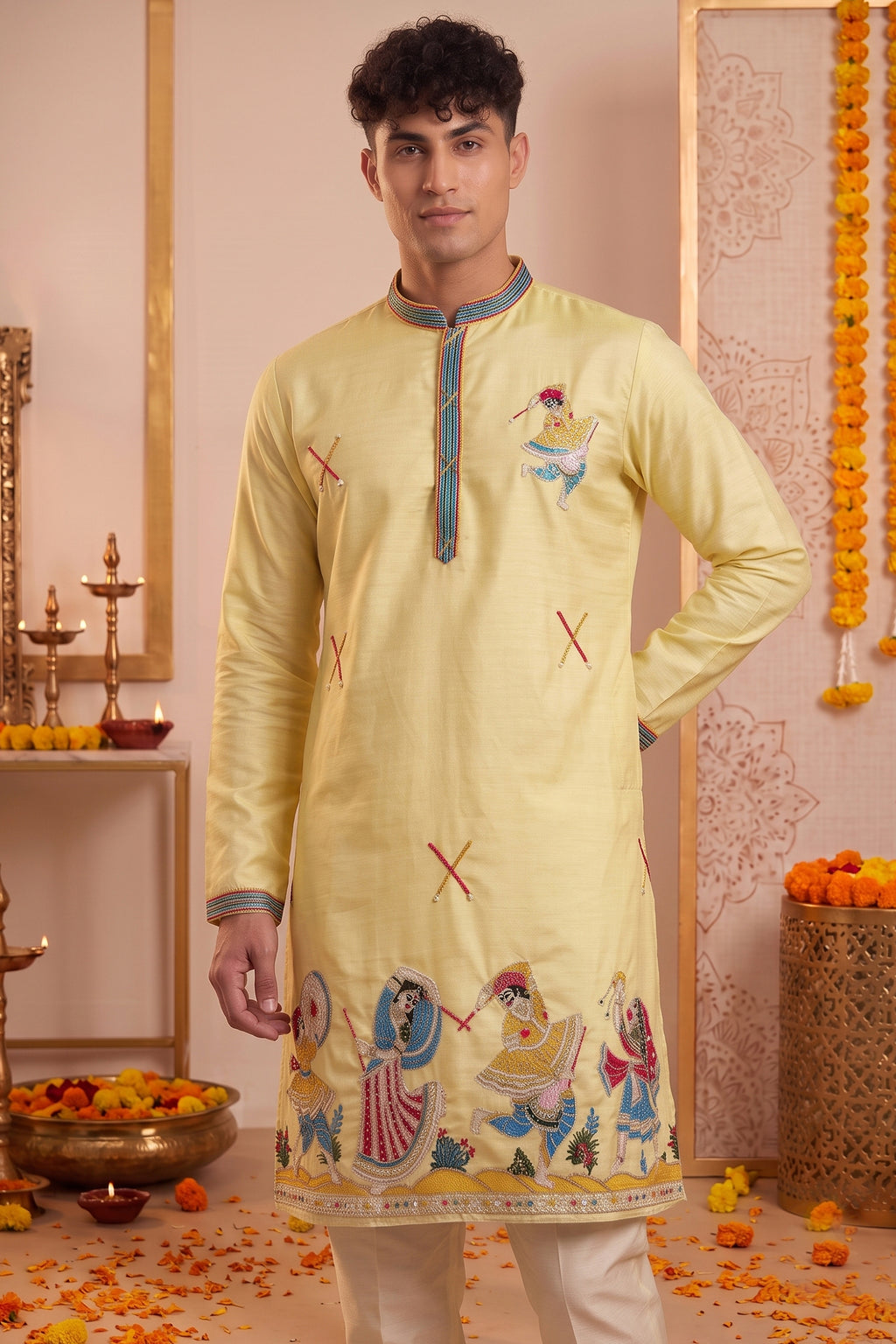 Yellow Art-Silk Embroidered Kurta Pajama