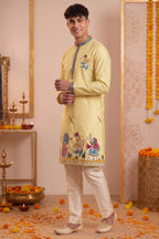 Yellow Art-Silk Embroidered Kurta Pajama