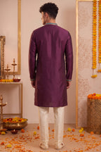 Wine Art-Silk Embroidered Kurta Pajama