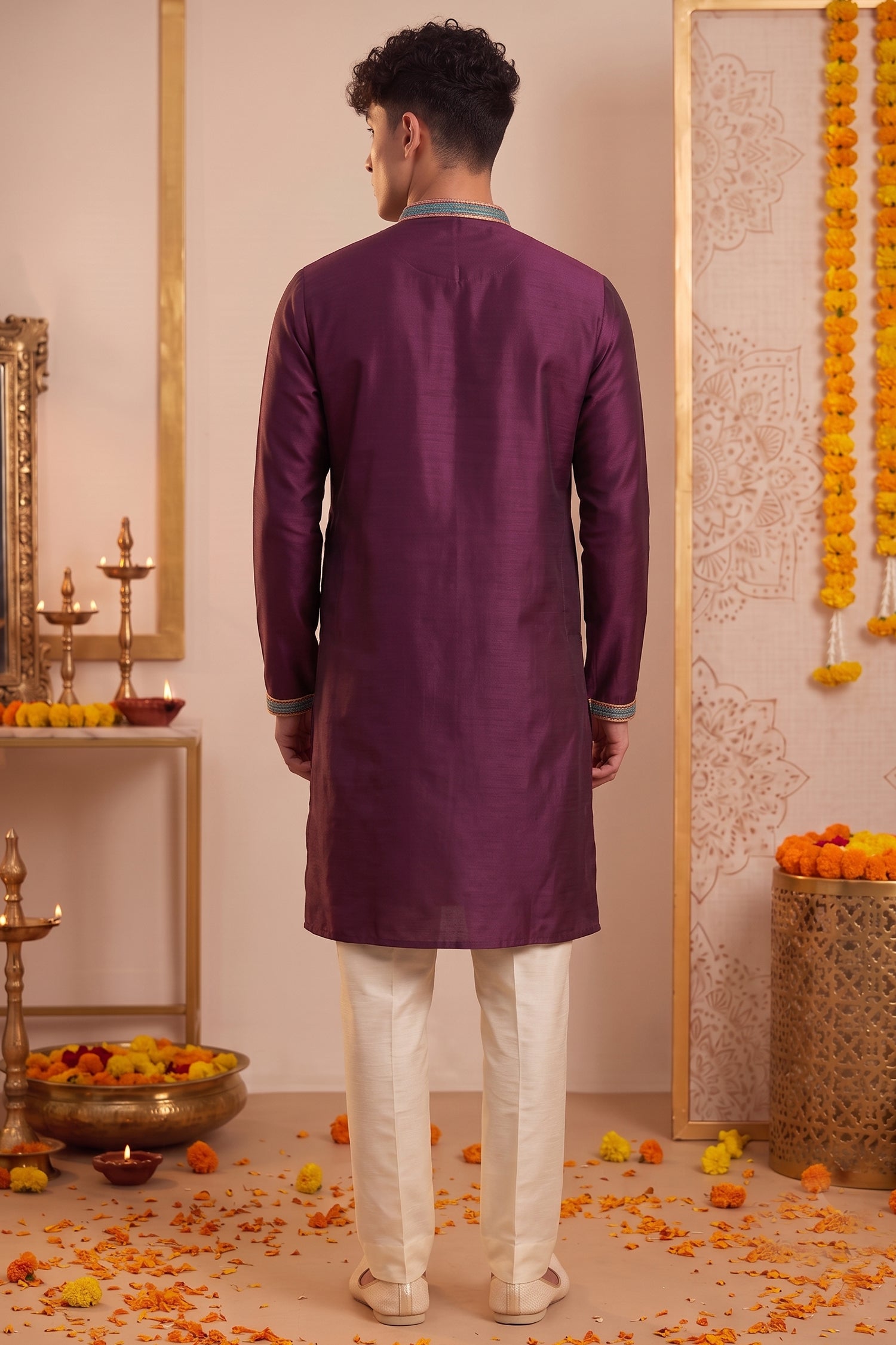Wine Art-Silk Embroidered Kurta Pajama