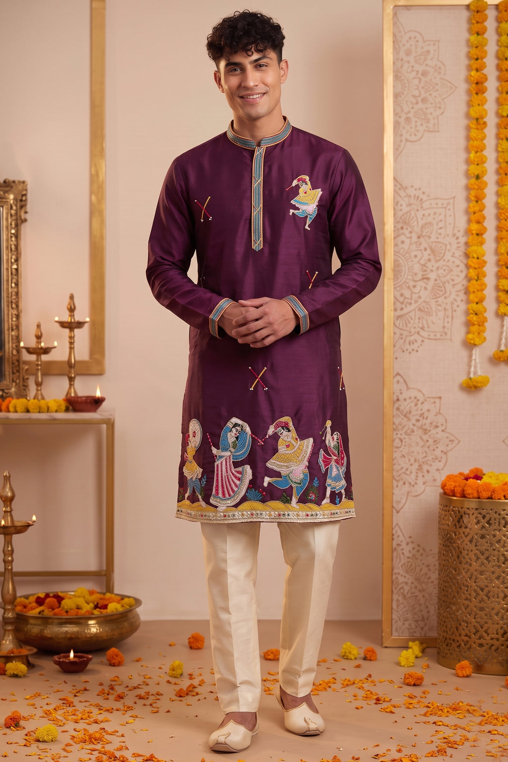 Wine Art-Silk Embroidered Kurta Pajama