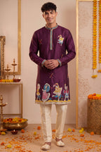 Wine Art-Silk Embroidered Kurta Pajama