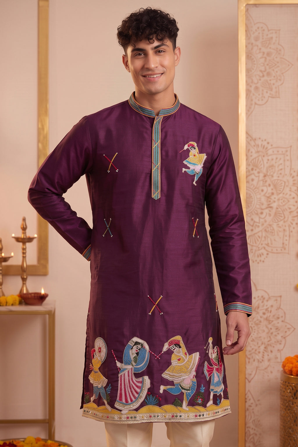 Wine Art-Silk Embroidered Kurta Pajama