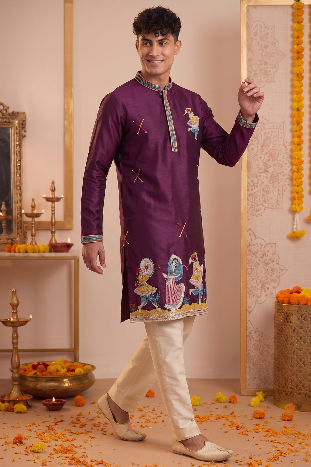 Wine Art-Silk Embroidered Kurta Pajama