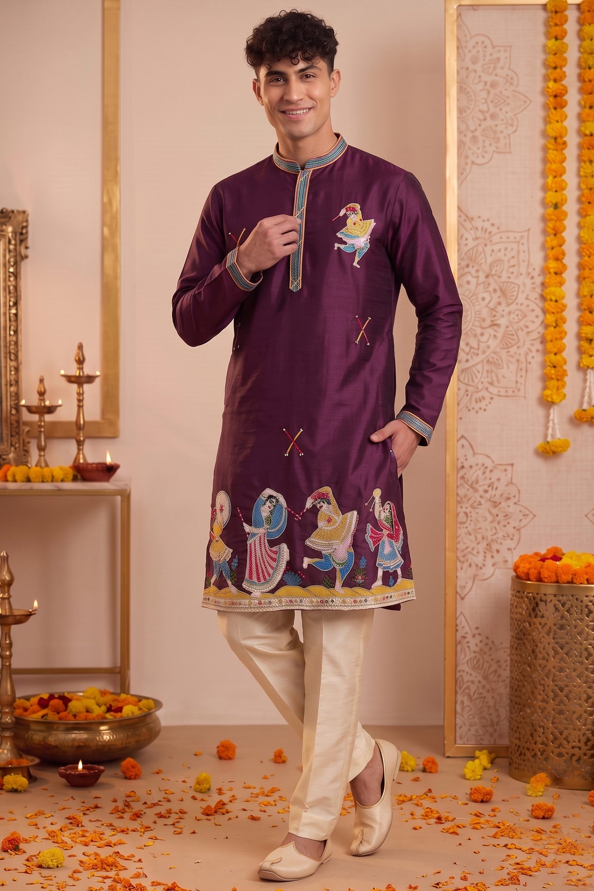 Wine Art-Silk Embroidered Kurta Pajama