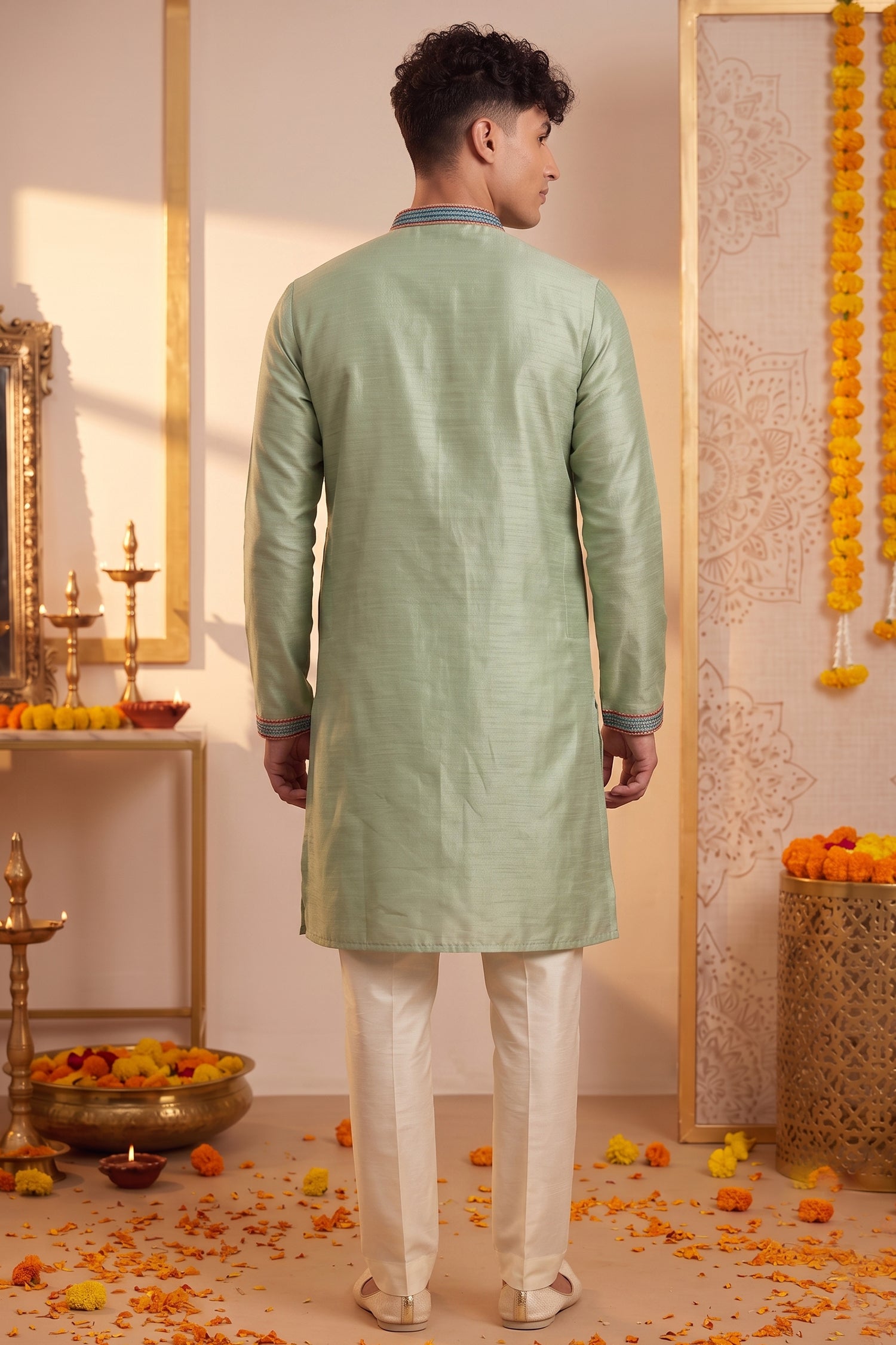 Light Mint Green Art-Silk Embroidered Kurta Pajama