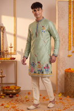 Light Mint Green Art-Silk Embroidered Kurta Pajama
