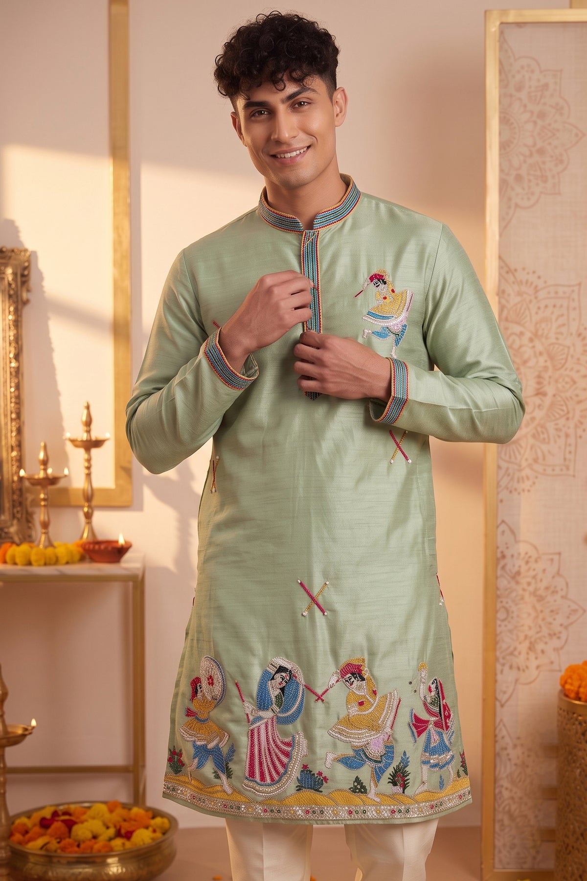 Light Mint Green Art-Silk Embroidered Kurta Pajama