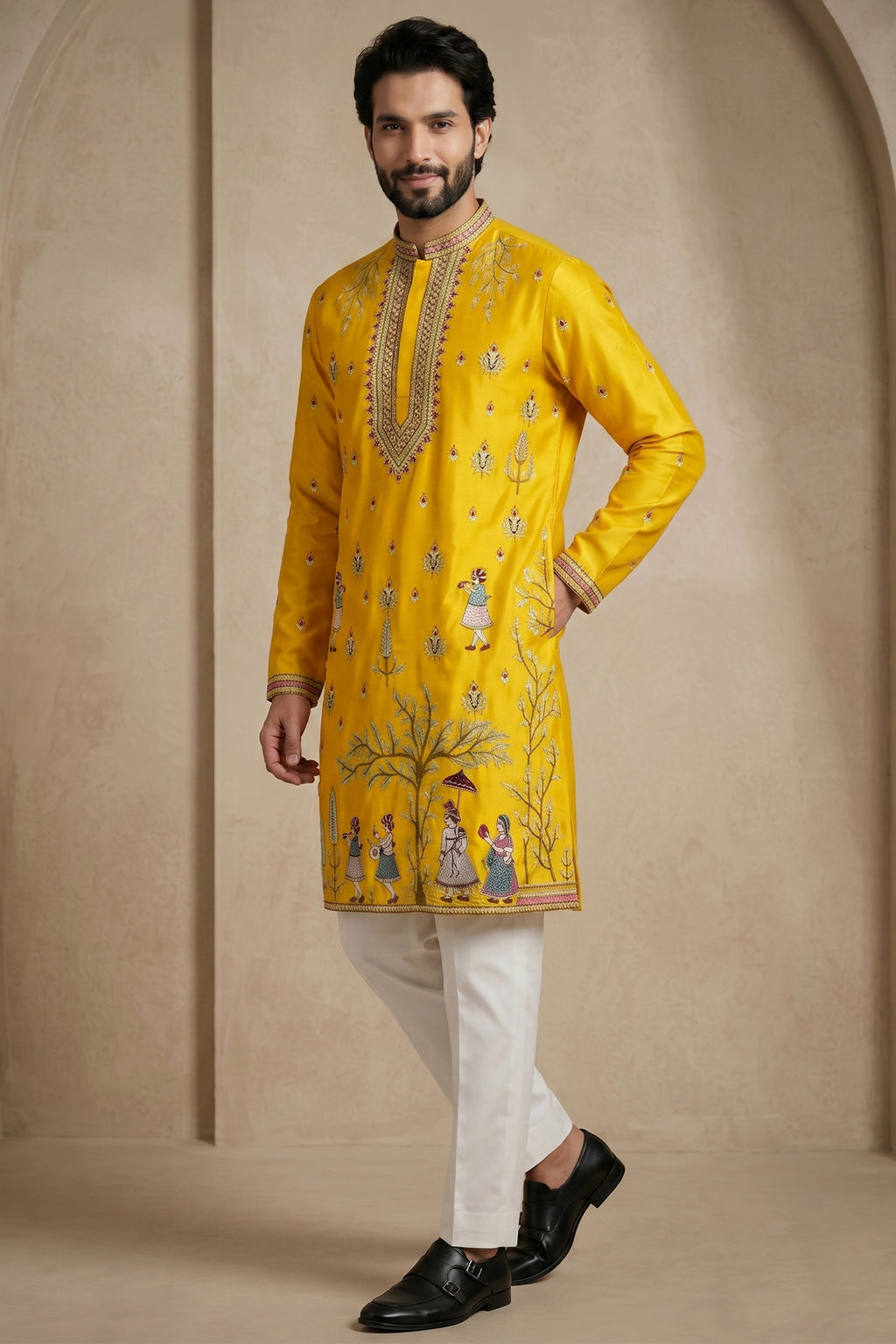 Yellow Satin Embroidered Kurta Pajama
