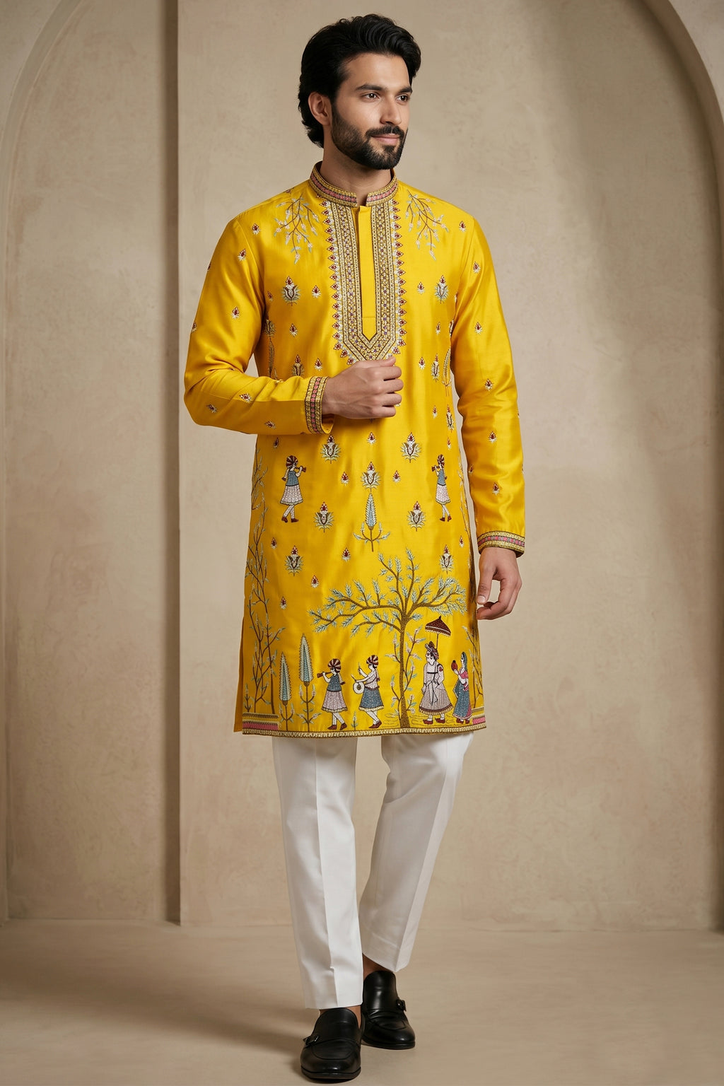 Yellow Satin Embroidered Kurta Pajama