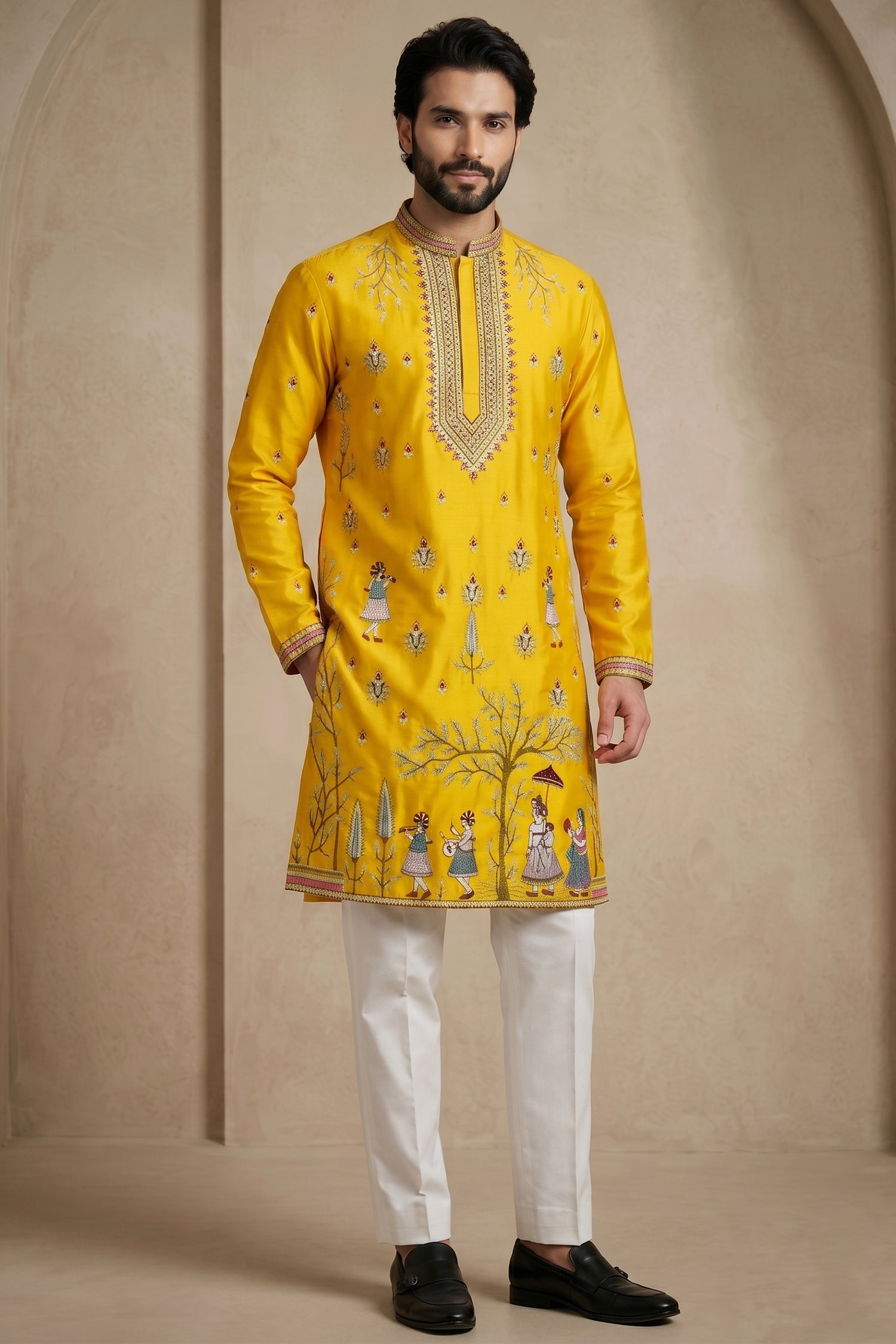 Yellow Satin Embroidered Kurta Pajama Main image