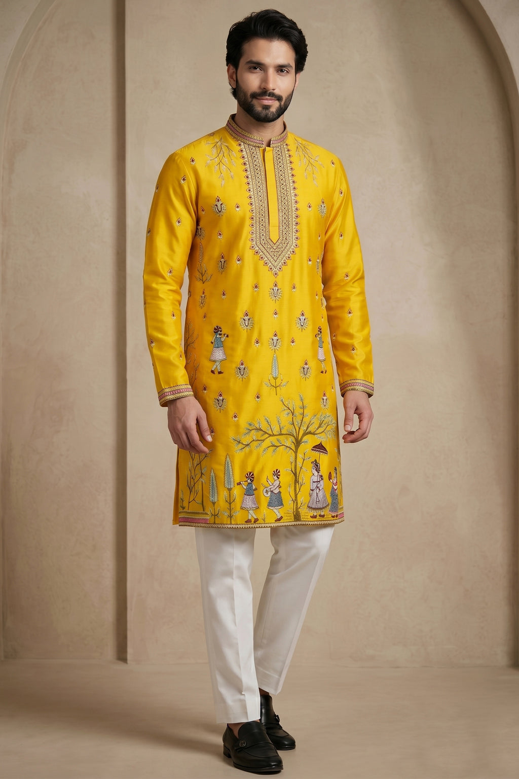 Yellow Satin Embroidered Kurta Pajama