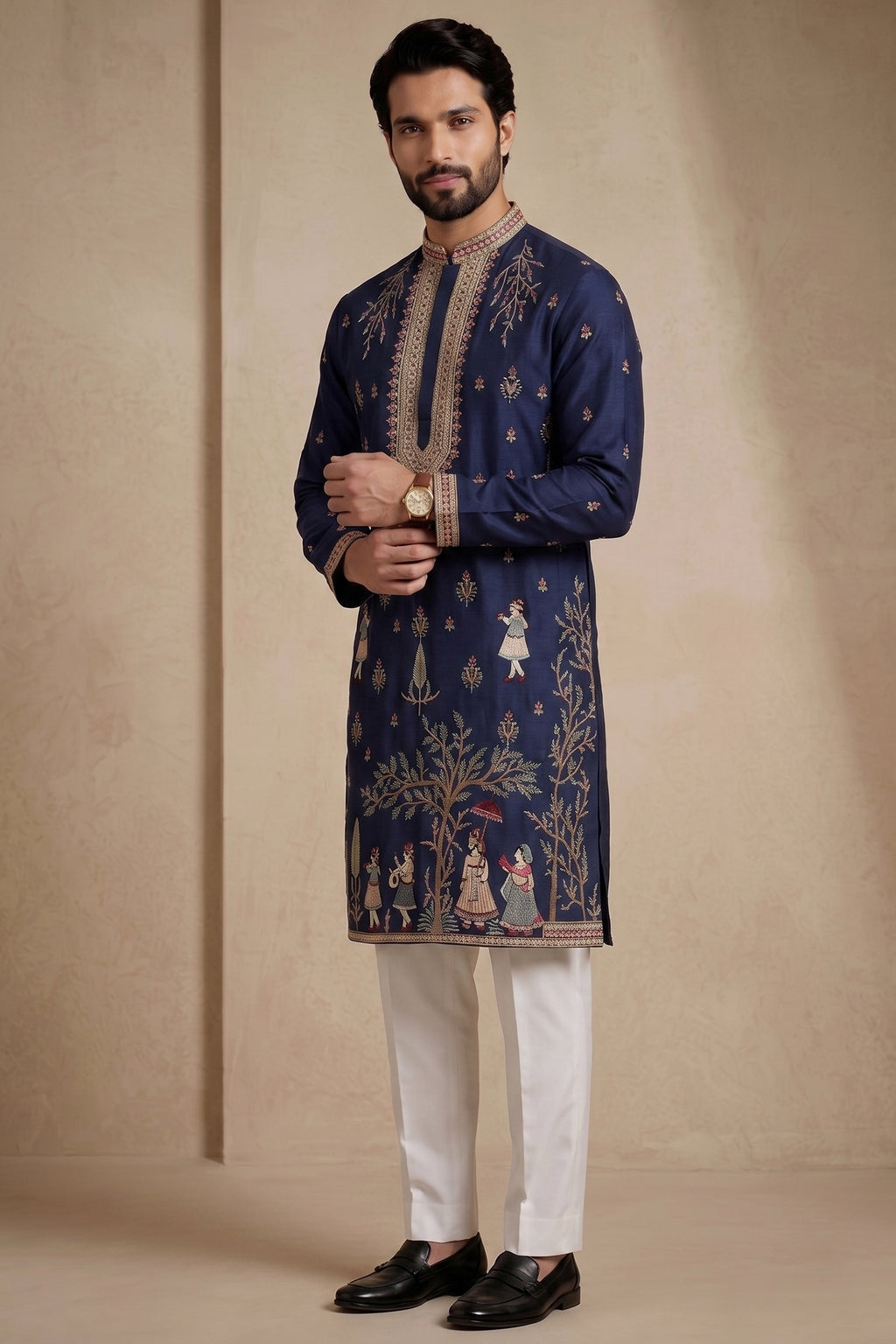 Navy Blue Satin Embroidered Kurta Pajama