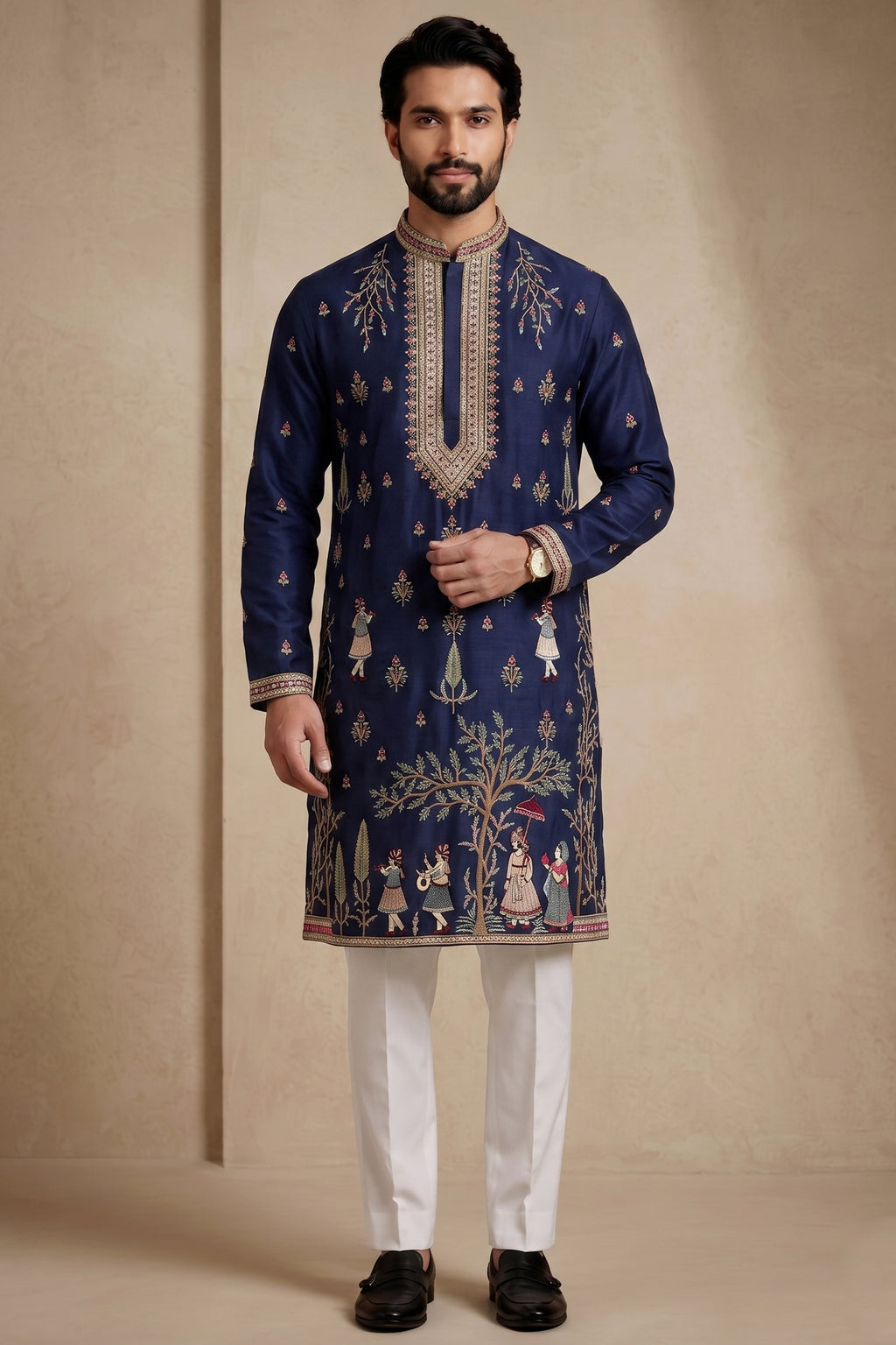 Navy Blue Satin Embroidered Kurta Pajama