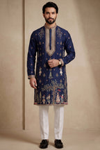 Navy Blue Satin Embroidered Kurta Pajama