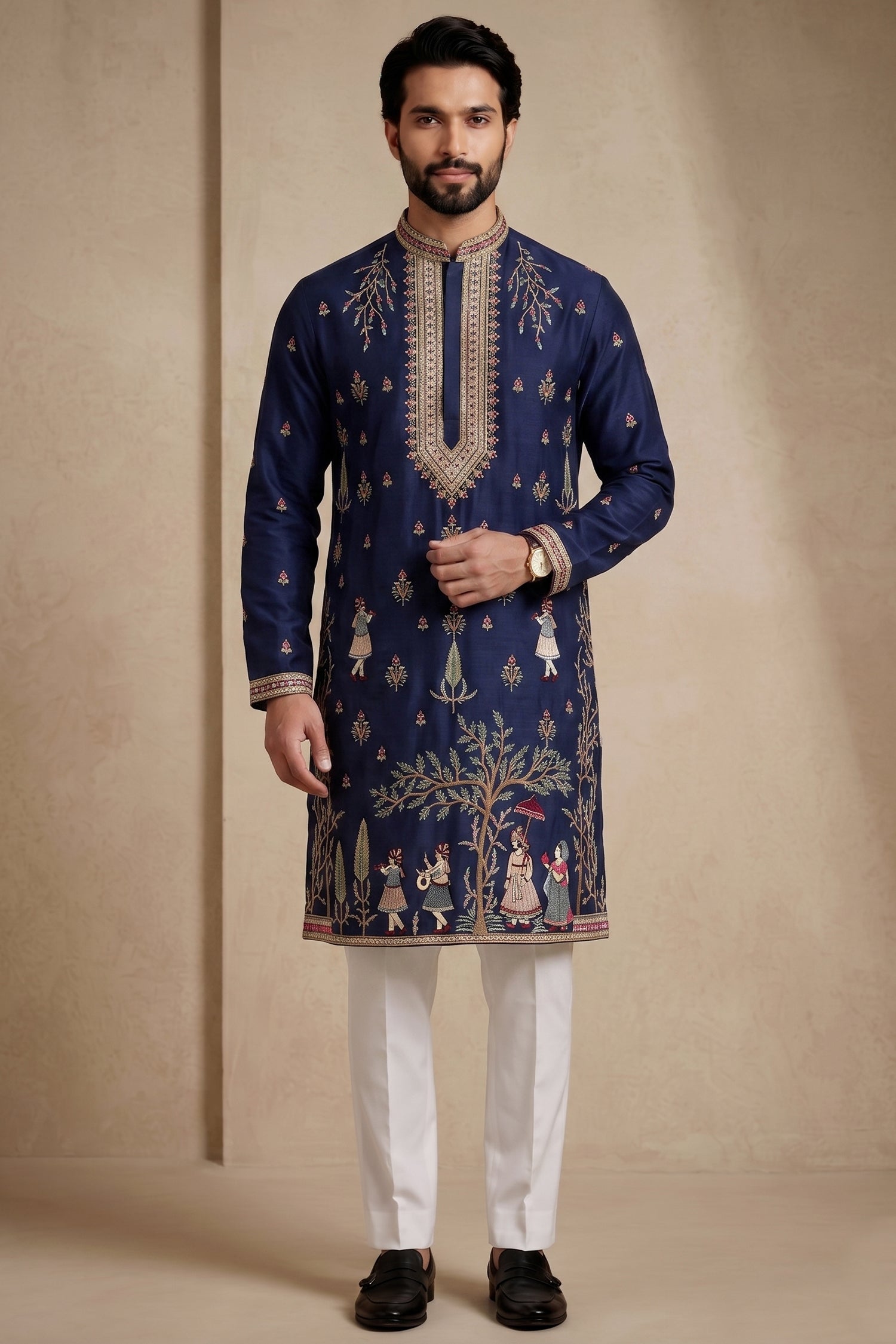 Navy Blue Satin Embroidered Kurta Pajama